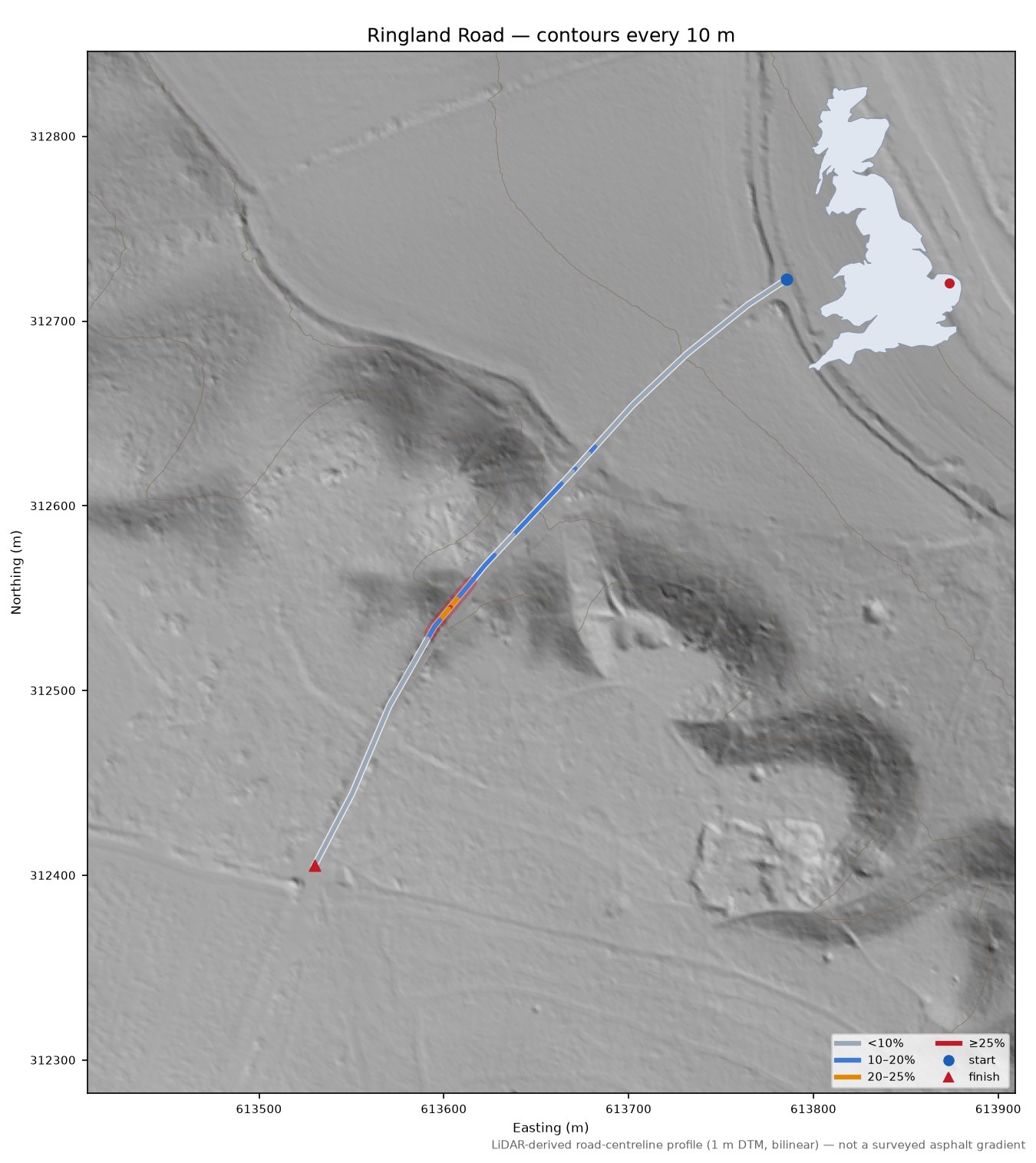 Ringland Road LiDAR hillshade map with contours