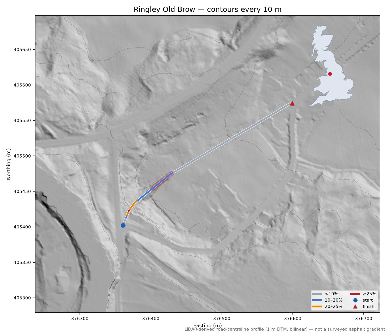 Ringley Old Brow LiDAR hillshade map with contours