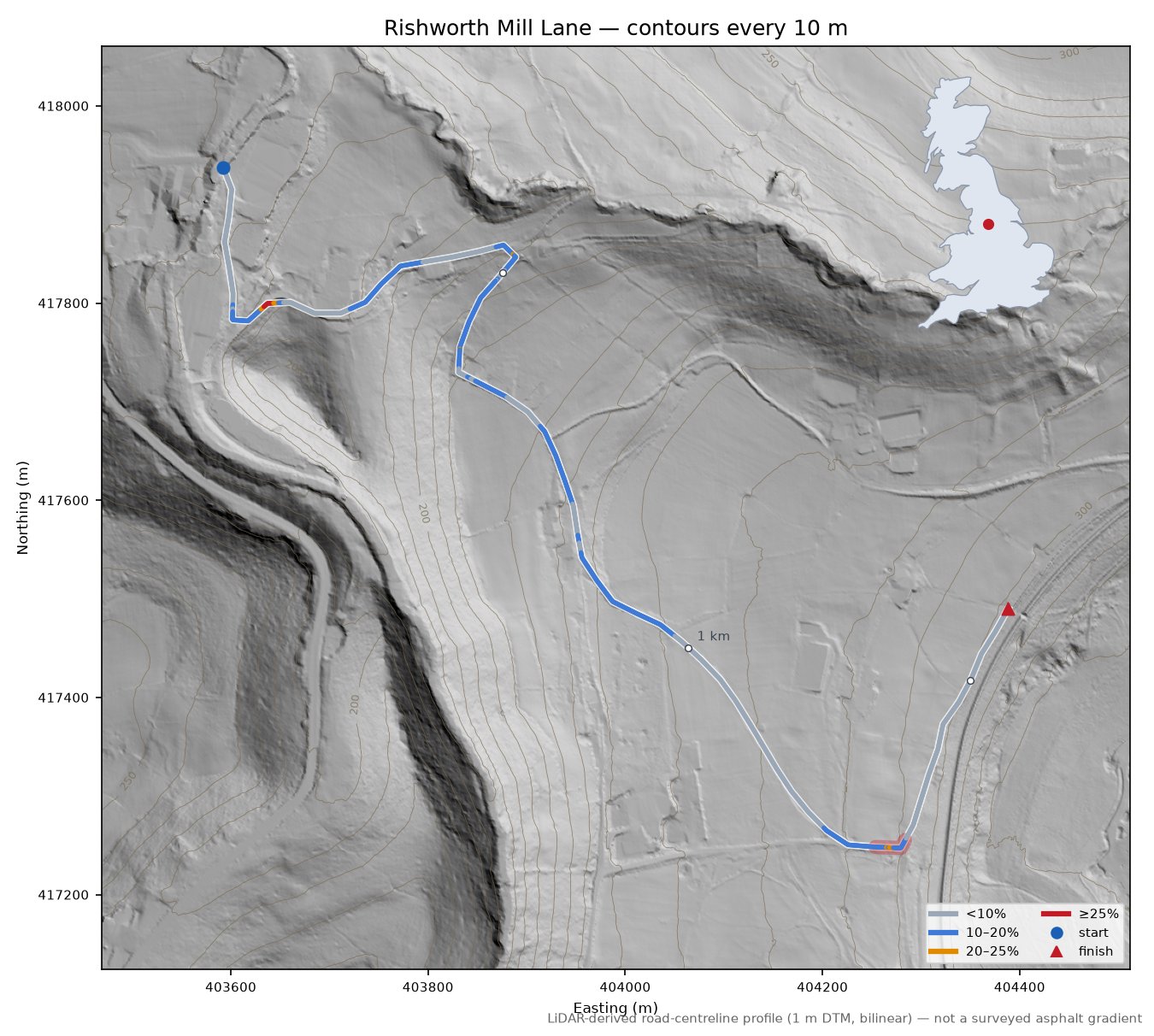 Rishworth Mill Lane LiDAR hillshade map with contours