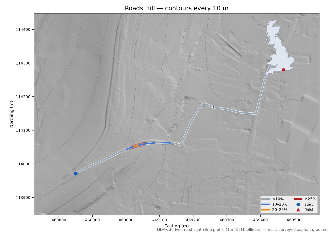 Roads Hill LiDAR hillshade map with contours