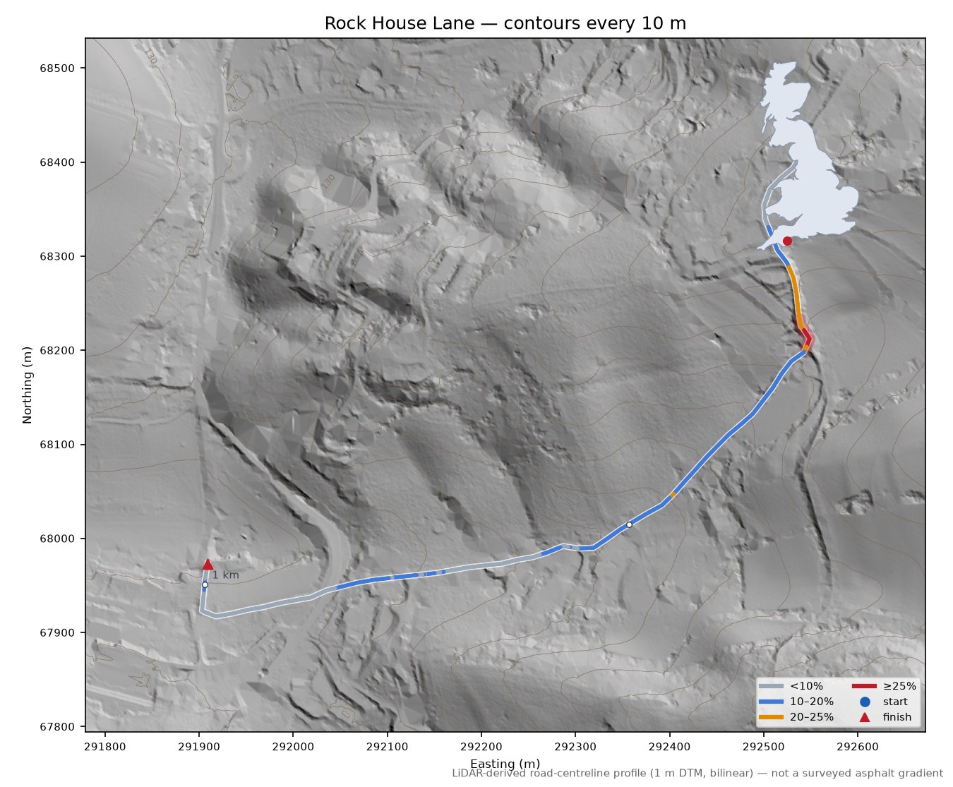 Rock House Lane LiDAR hillshade map with contours