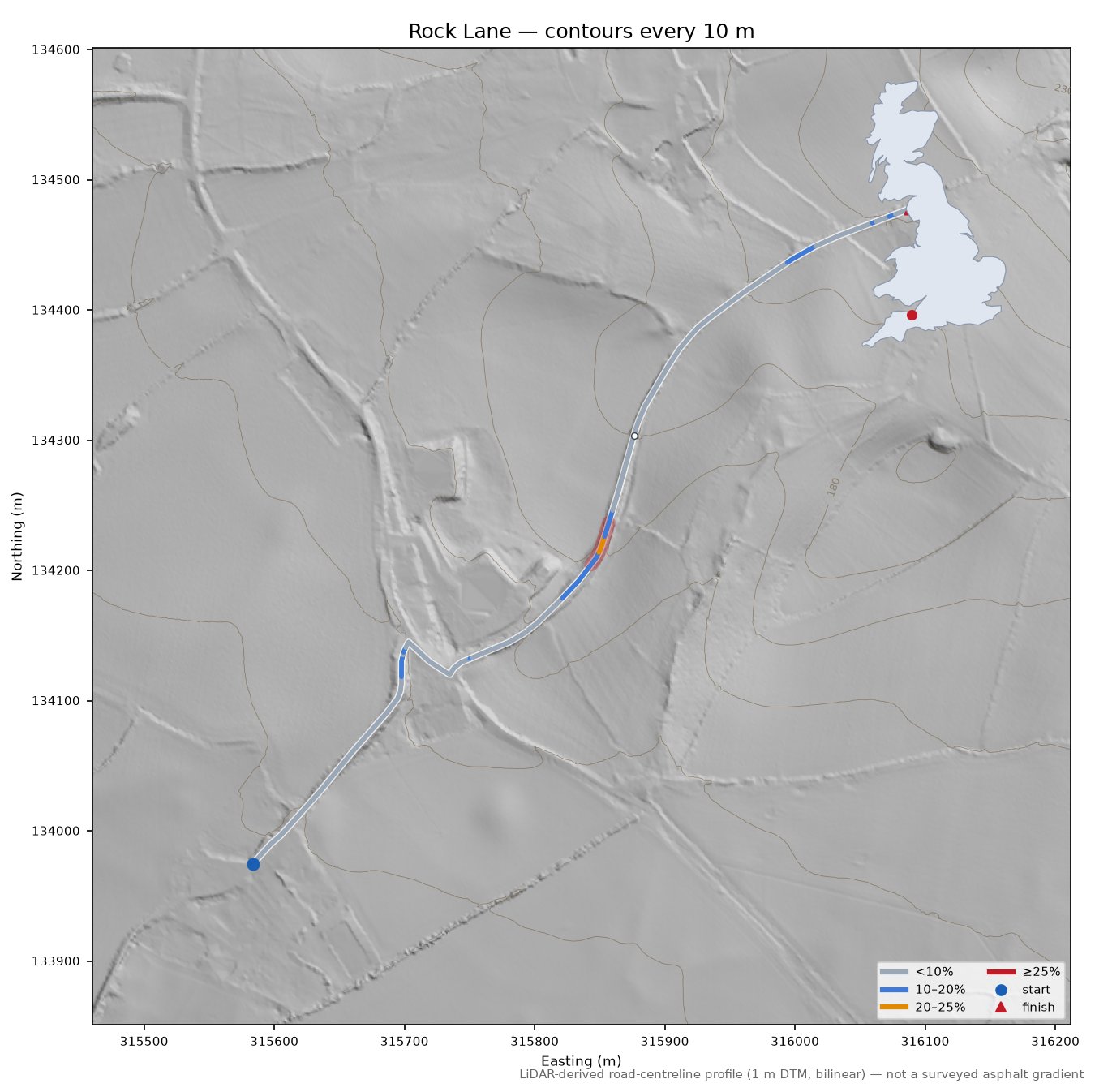 Rock Lane LiDAR hillshade map with contours