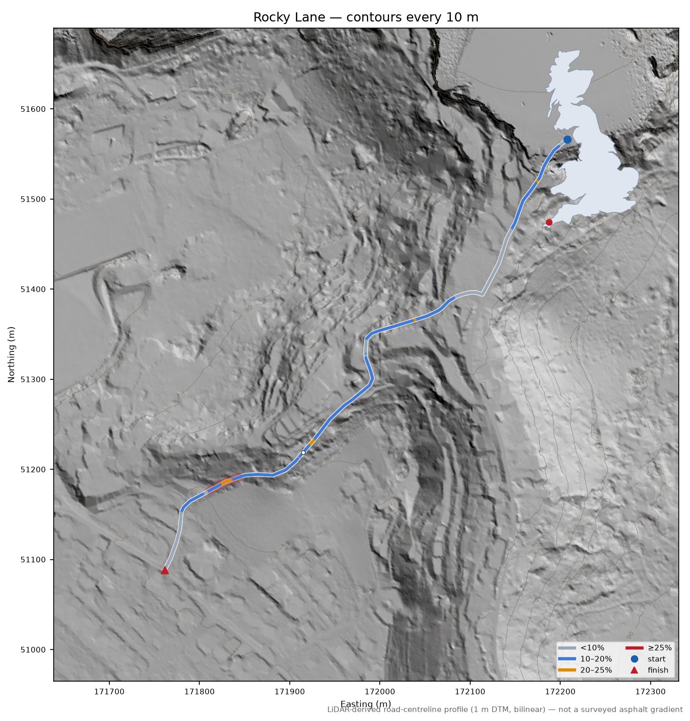 Rocky Lane LiDAR hillshade map with contours