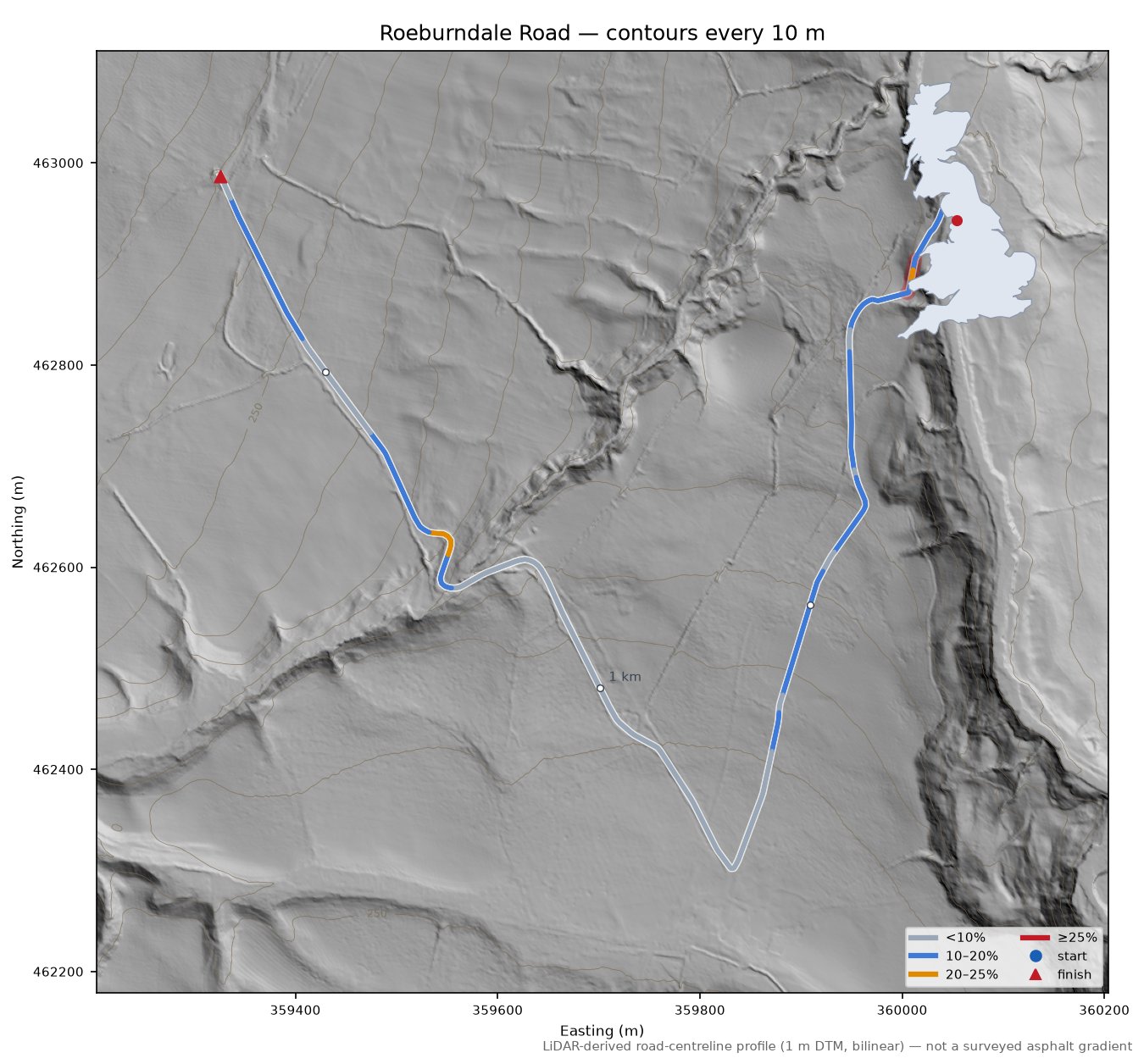 Roeburndale Road LiDAR hillshade map with contours