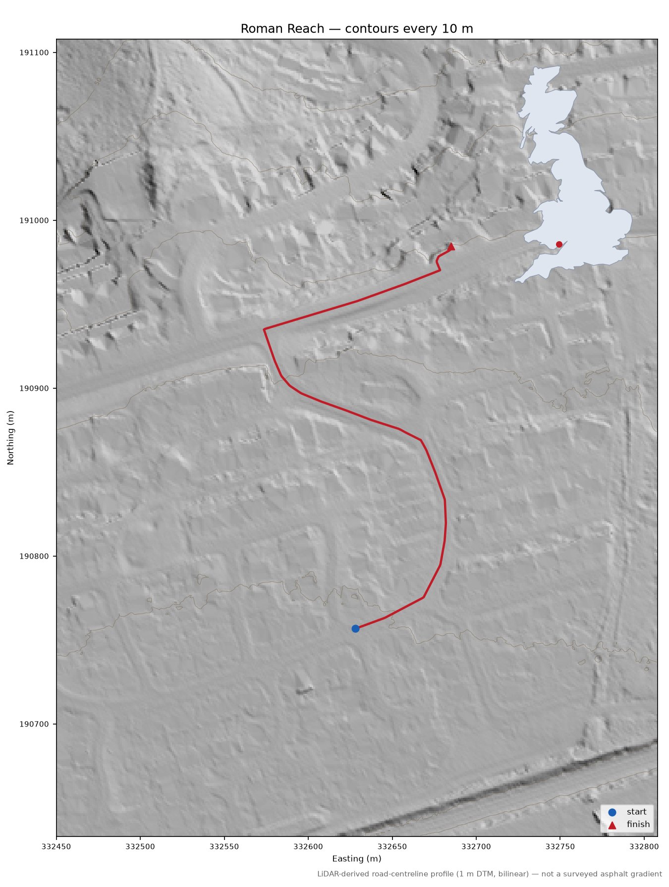 Roman Reach LiDAR hillshade map with contours