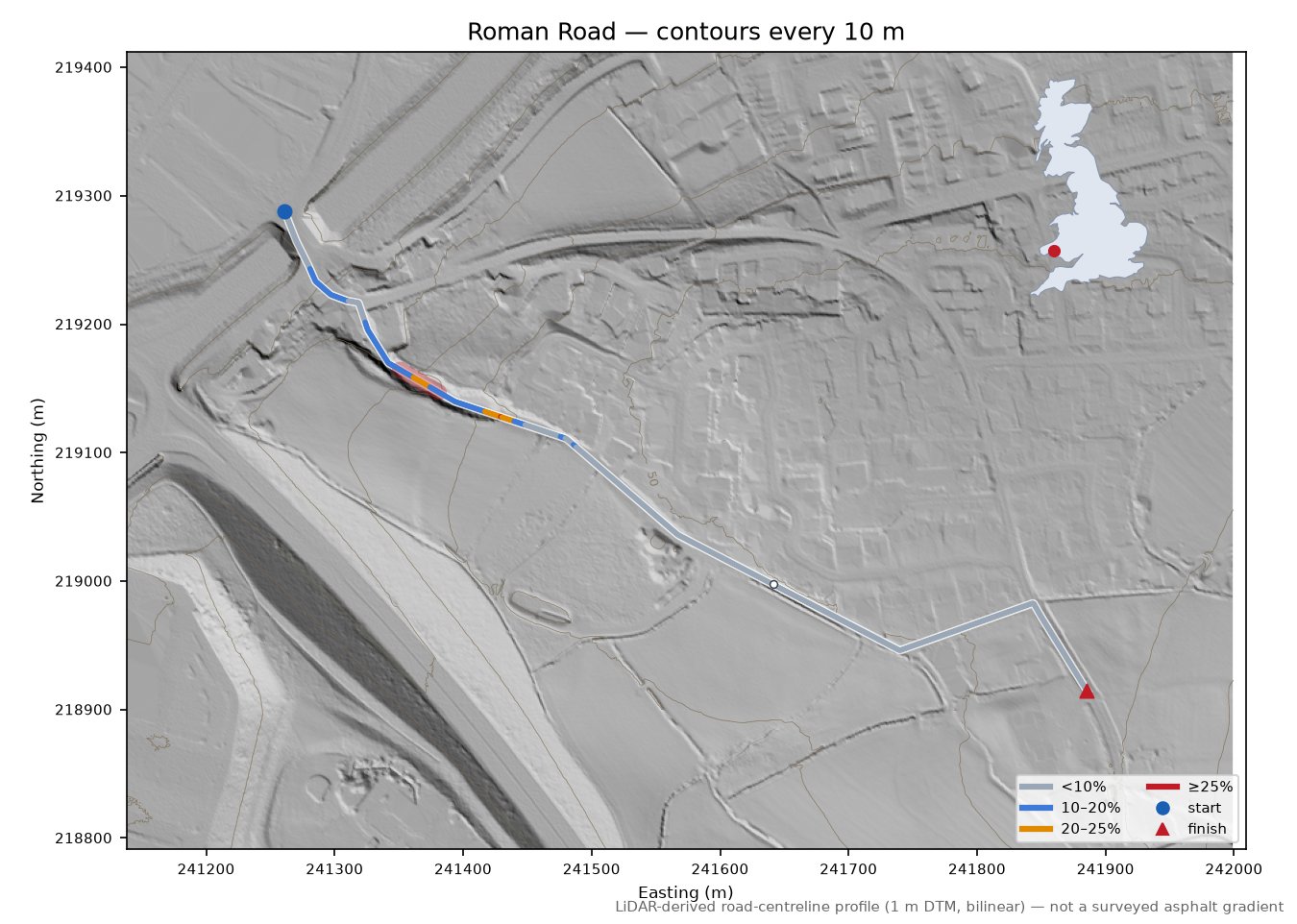 Roman Road LiDAR hillshade map with contours