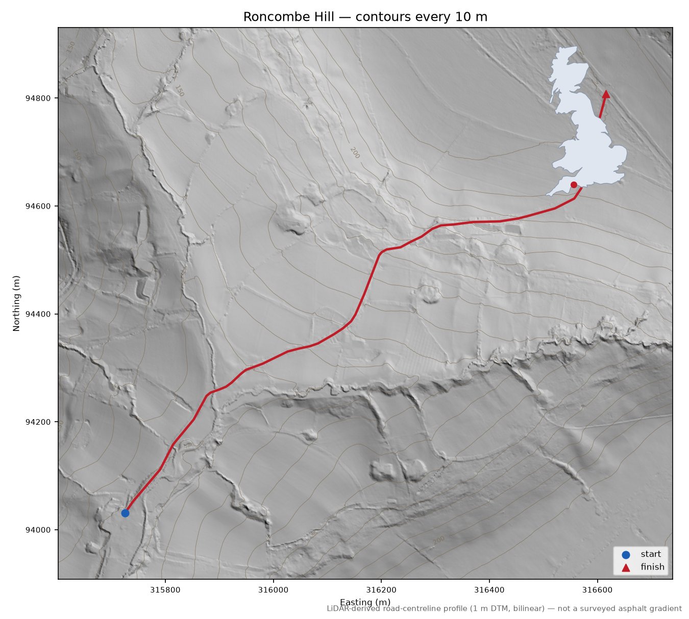 Roncombe Hill LiDAR hillshade map with contours