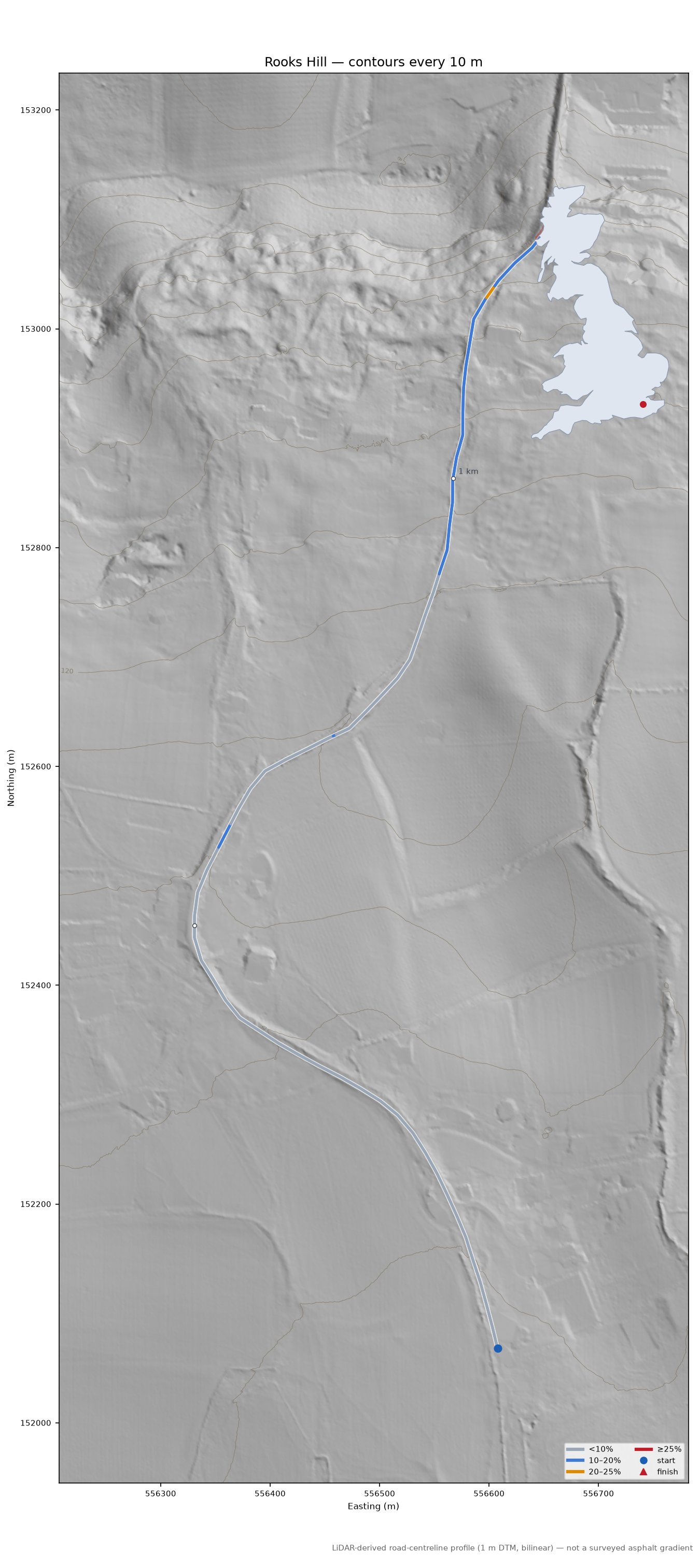 Rooks Hill LiDAR hillshade map with contours