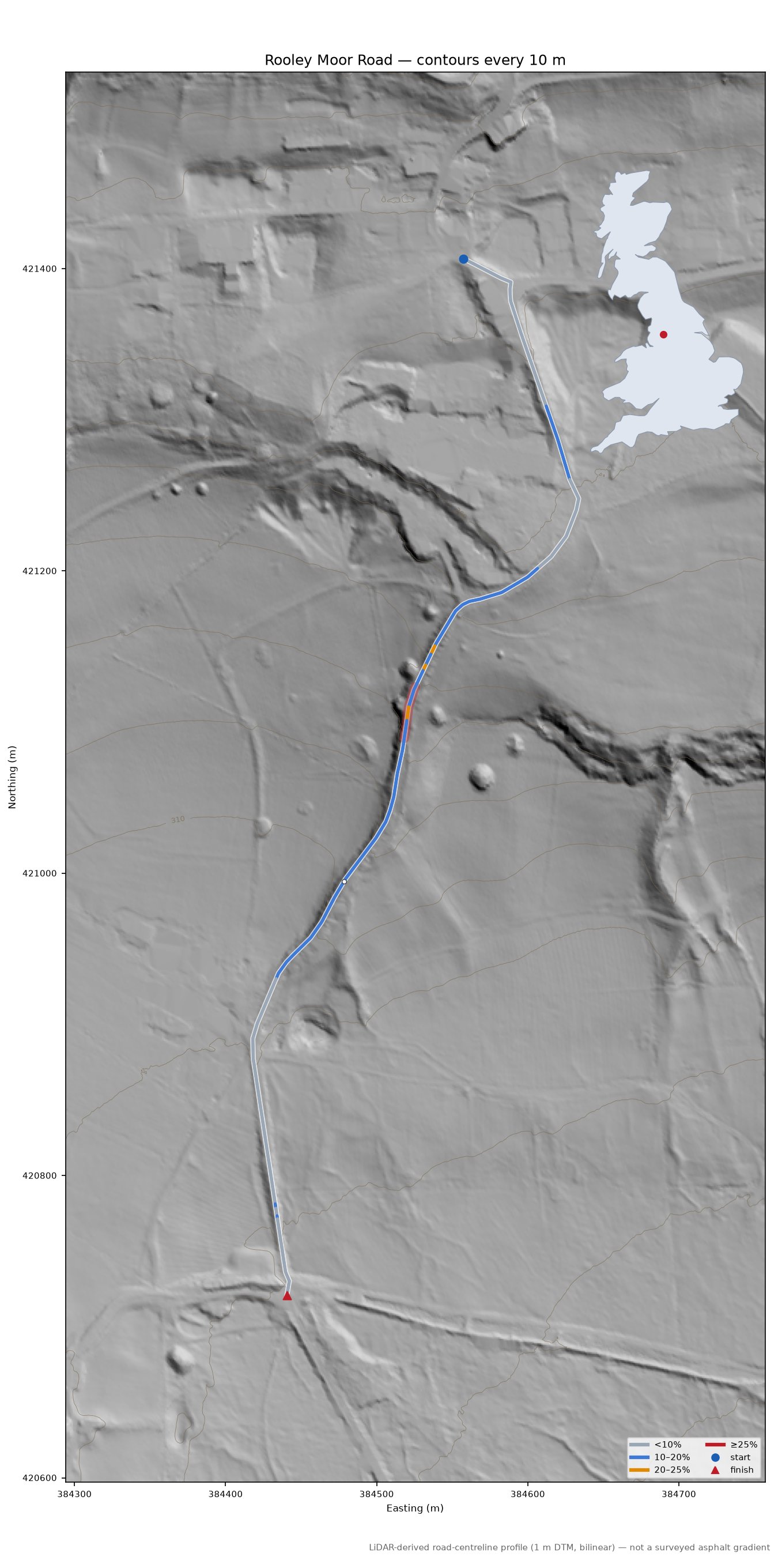 Rooley Moor Road LiDAR hillshade map with contours