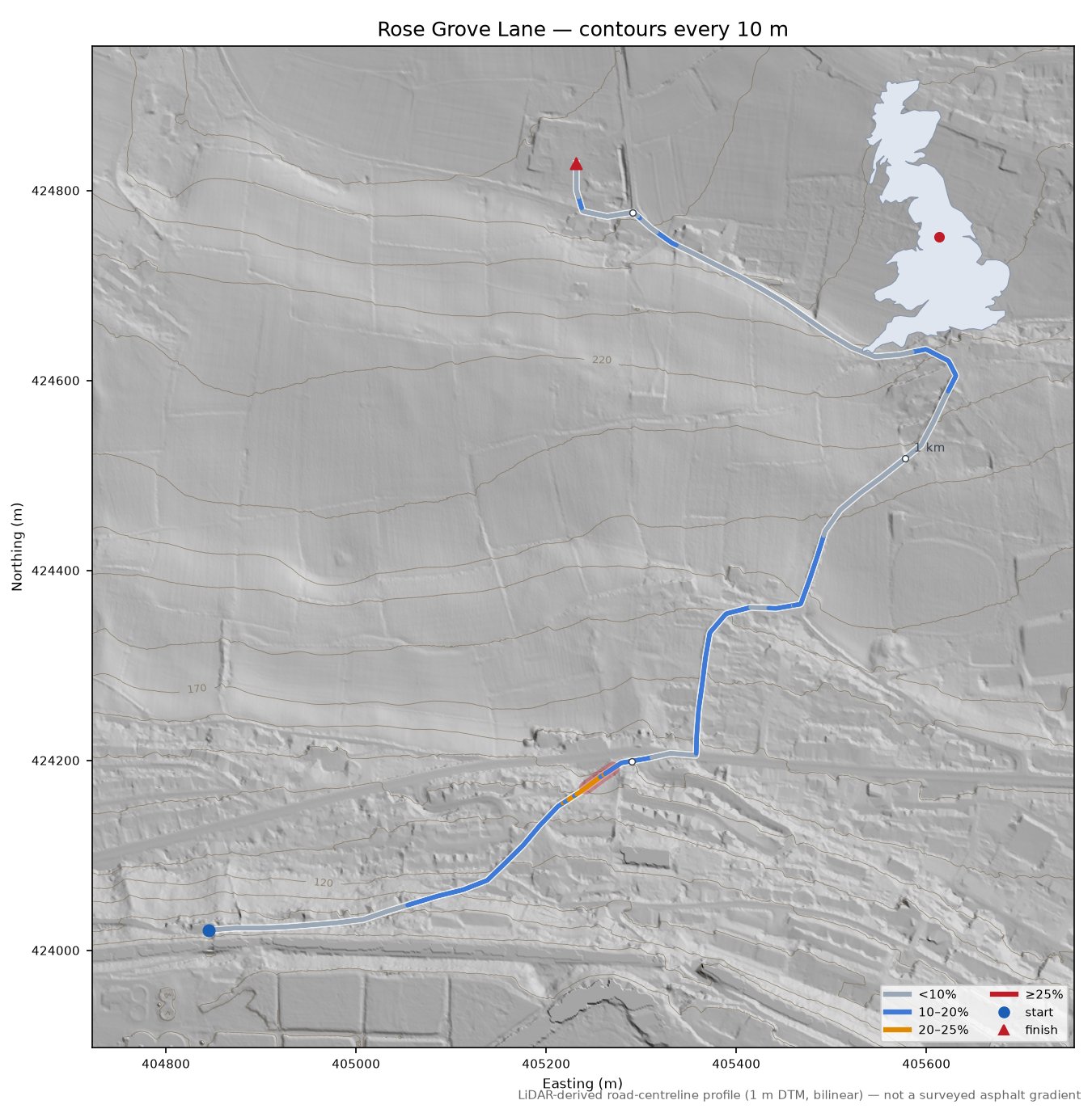 Rose Grove Lane LiDAR hillshade map with contours