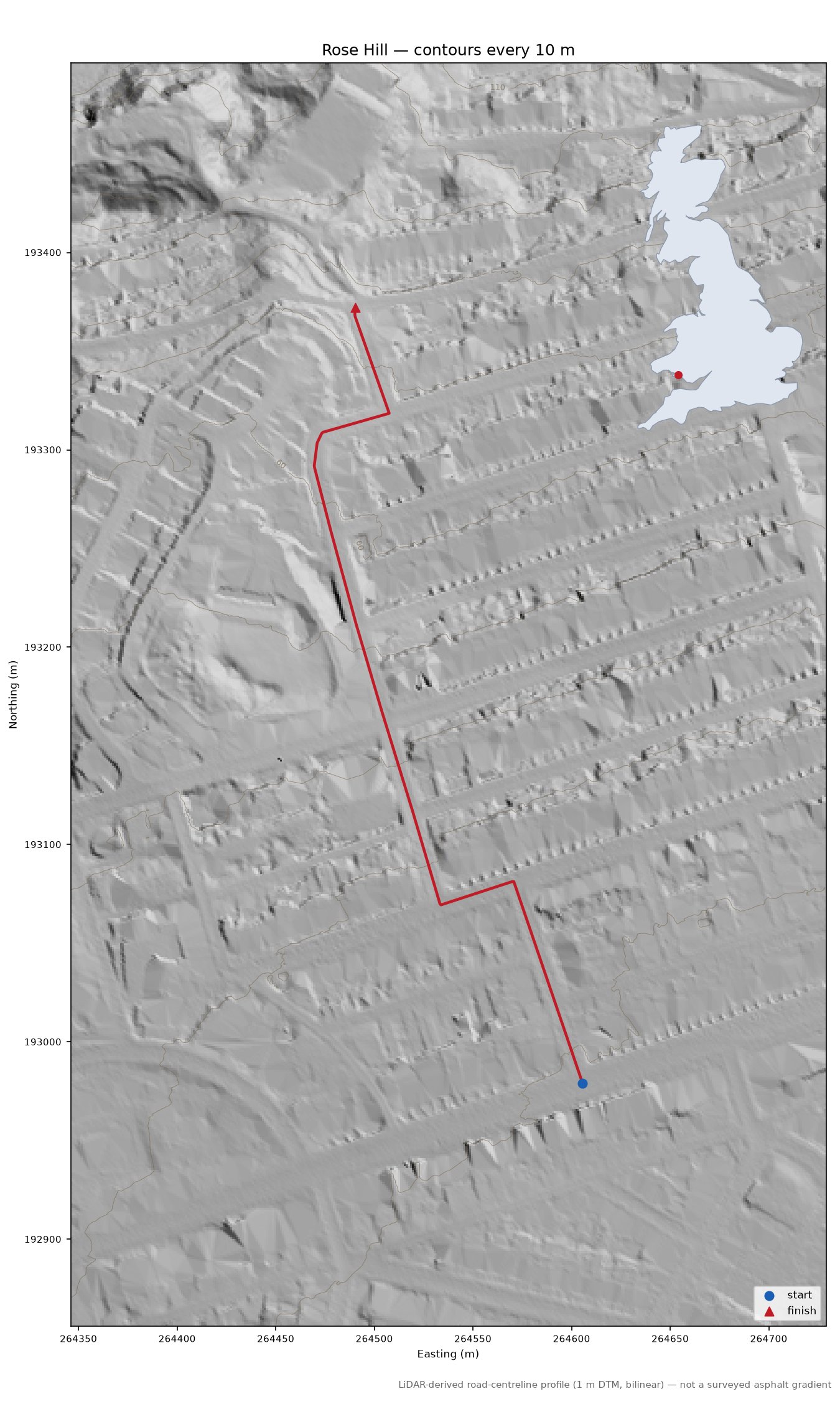 Rose Hill LiDAR hillshade map with contours