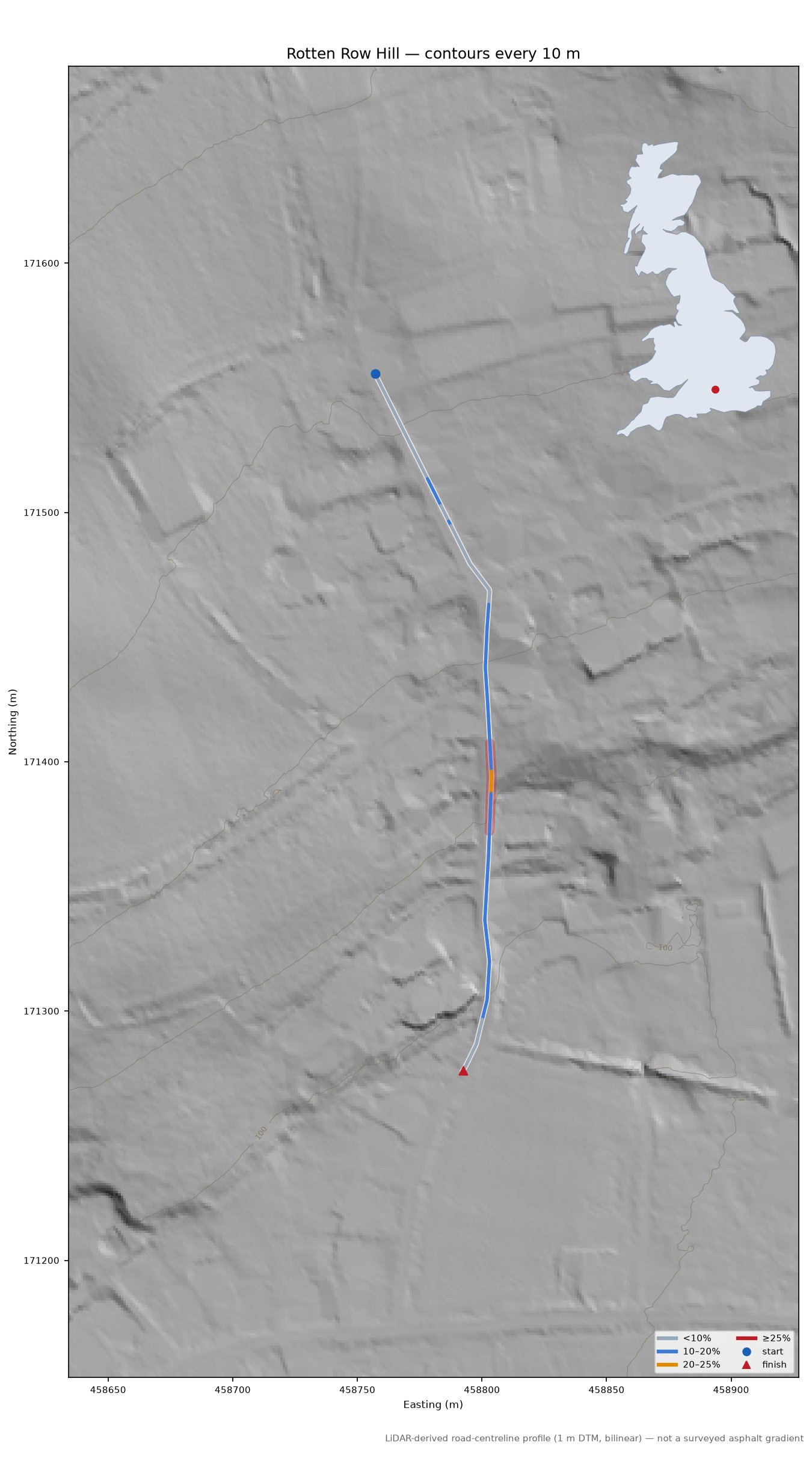 Rotten Row Hill LiDAR hillshade map with contours