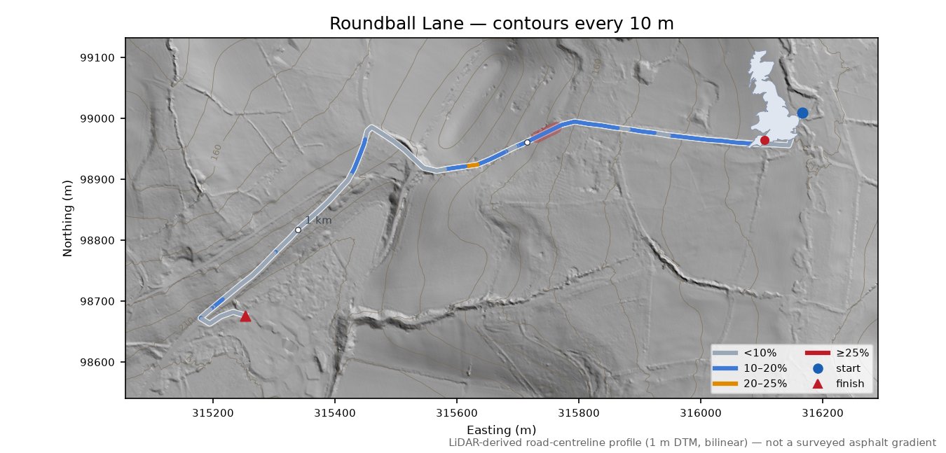 Roundball Lane LiDAR hillshade map with contours