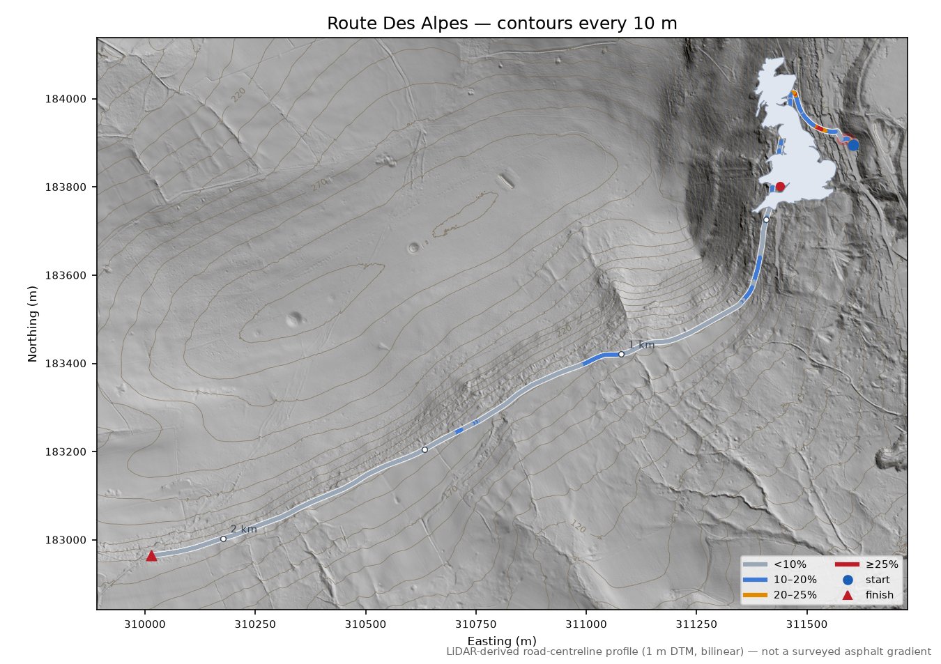 Route Des Alpes LiDAR hillshade map with contours