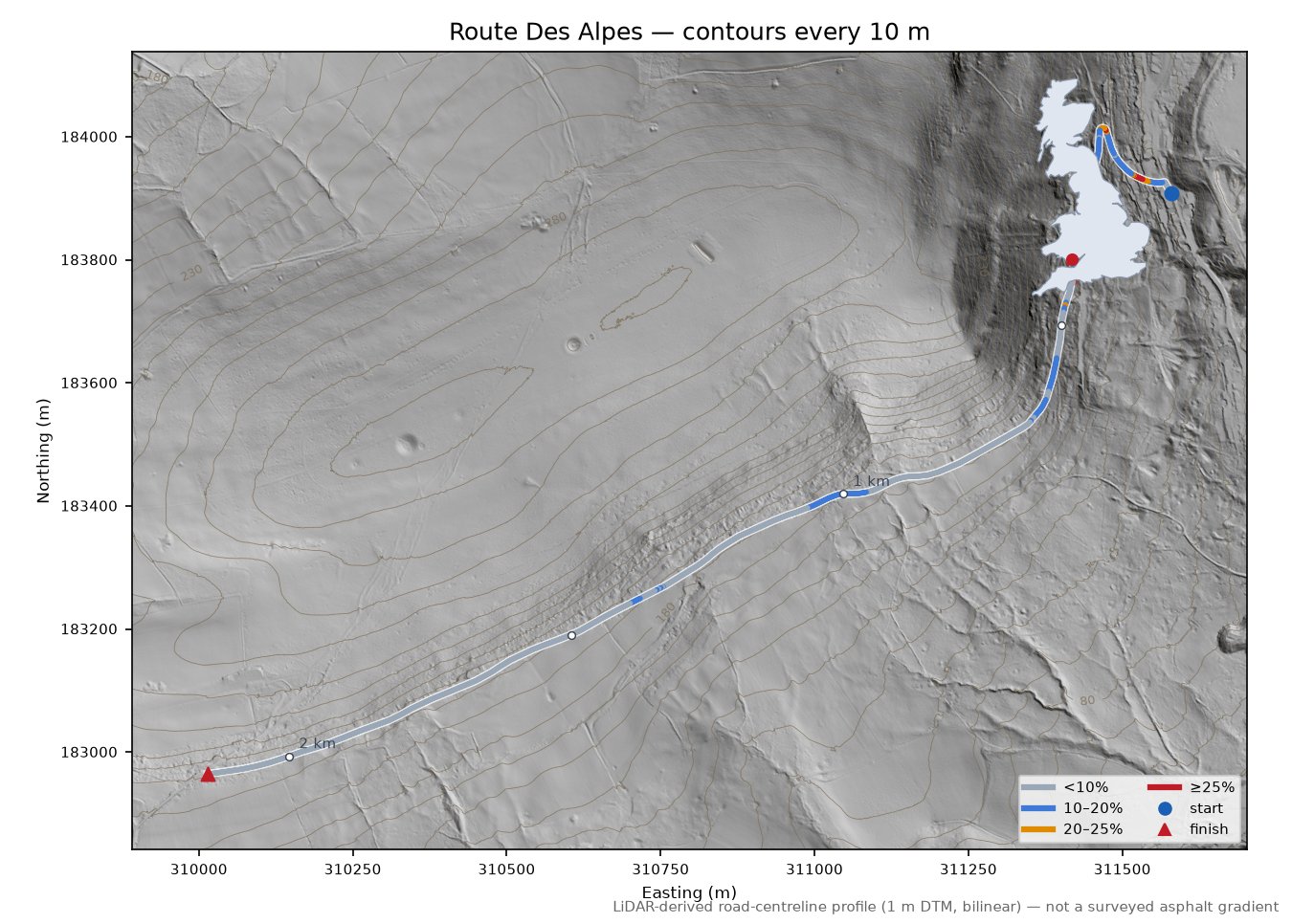 Route Des Alpes LiDAR hillshade map with contours