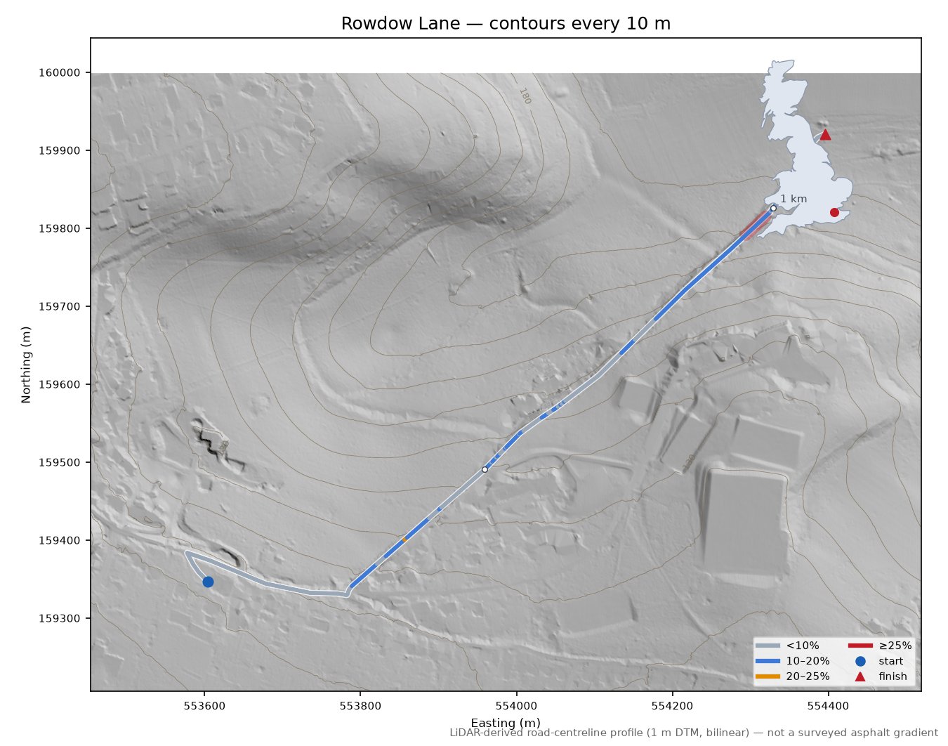 Rowdow Lane LiDAR hillshade map with contours