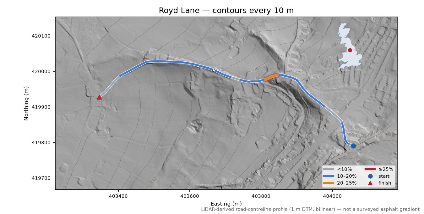 Royd Lane LiDAR hillshade map with contours