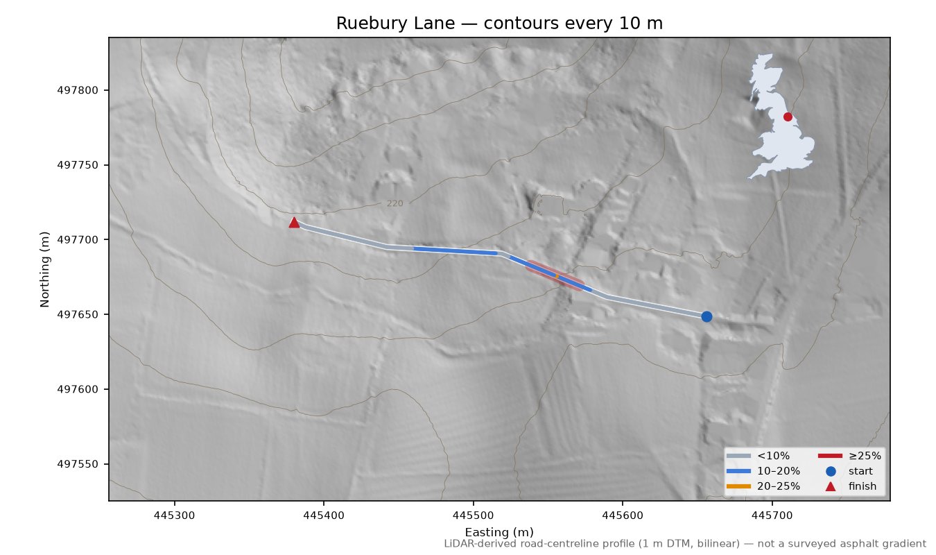 Ruebury Lane LiDAR hillshade map with contours