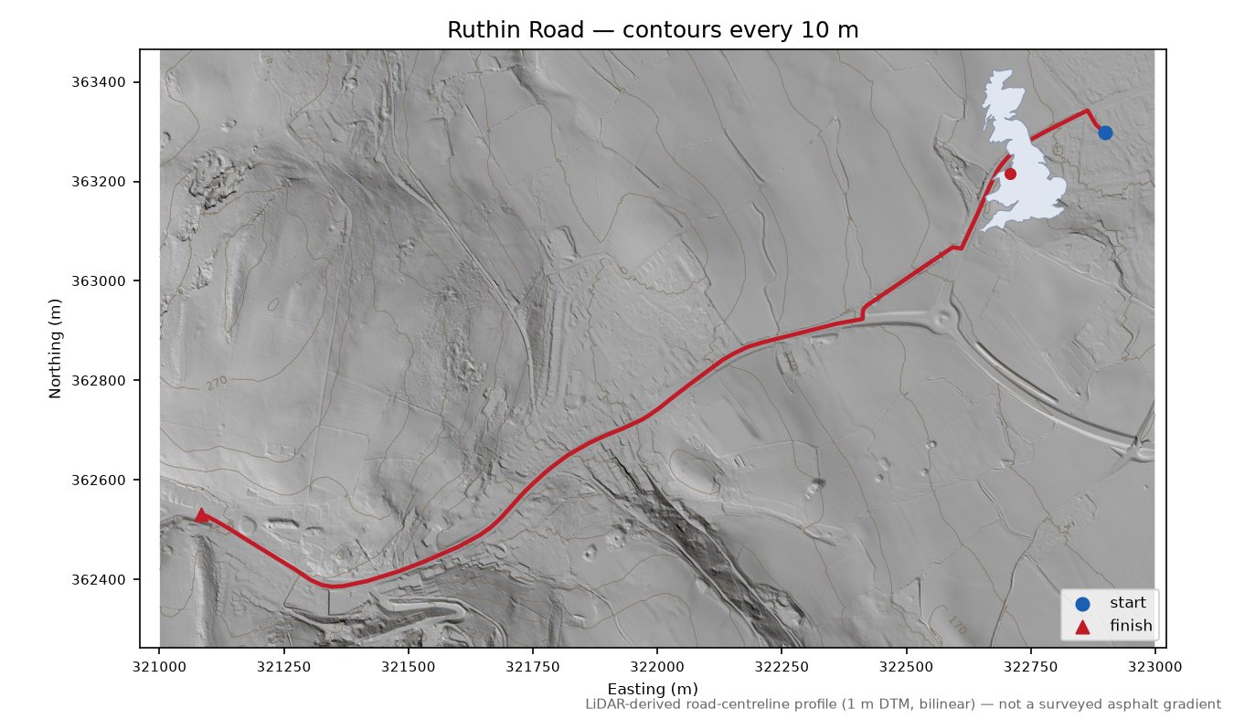 Ruthin Road LiDAR hillshade map with contours