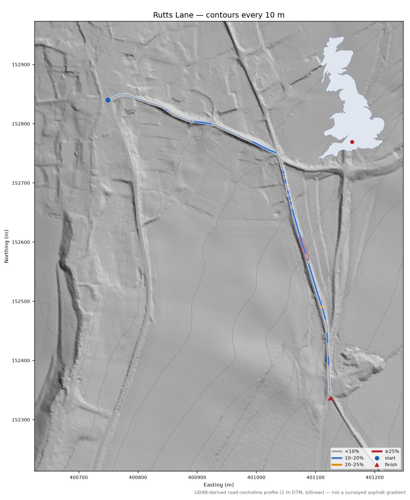 Rutts Lane LiDAR hillshade map with contours