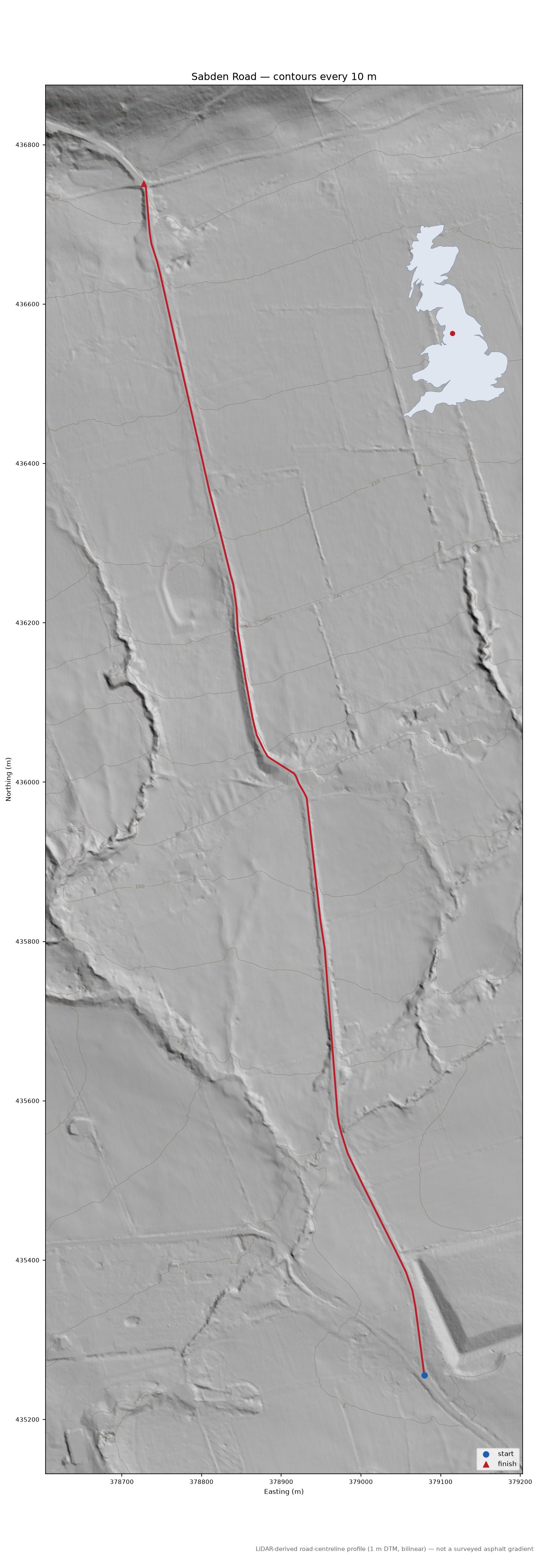 Sabden Road LiDAR hillshade map with contours