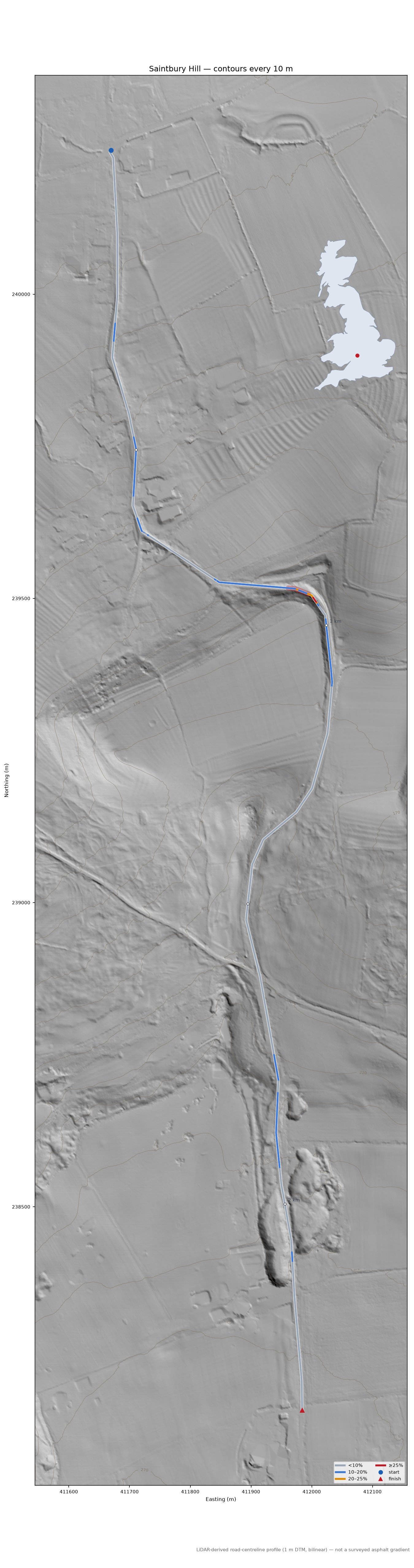 Saintbury Hill LiDAR hillshade map with contours