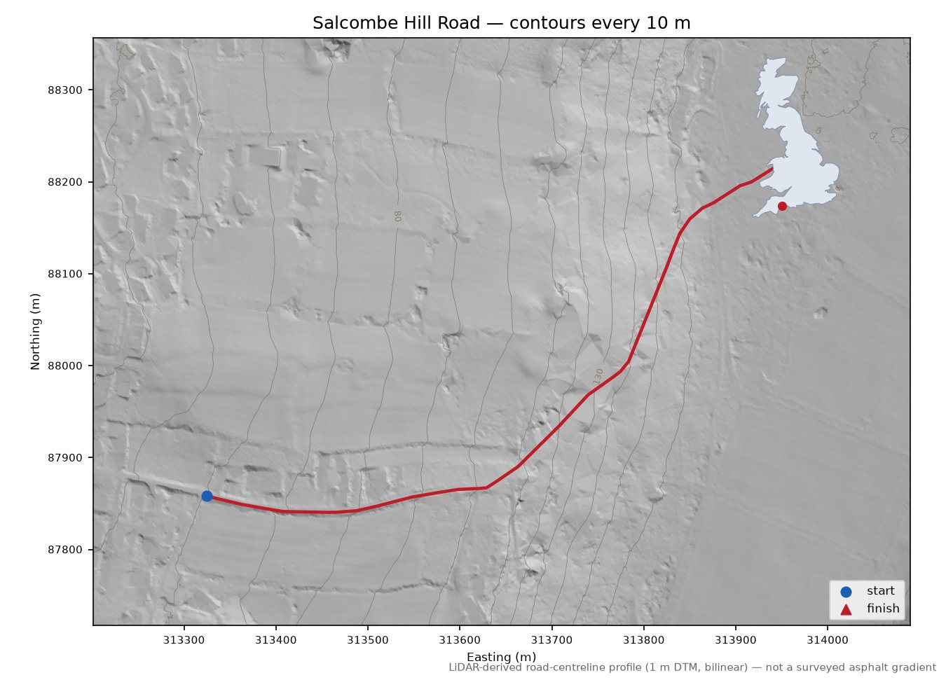 Salcombe Hill Road LiDAR hillshade map with contours