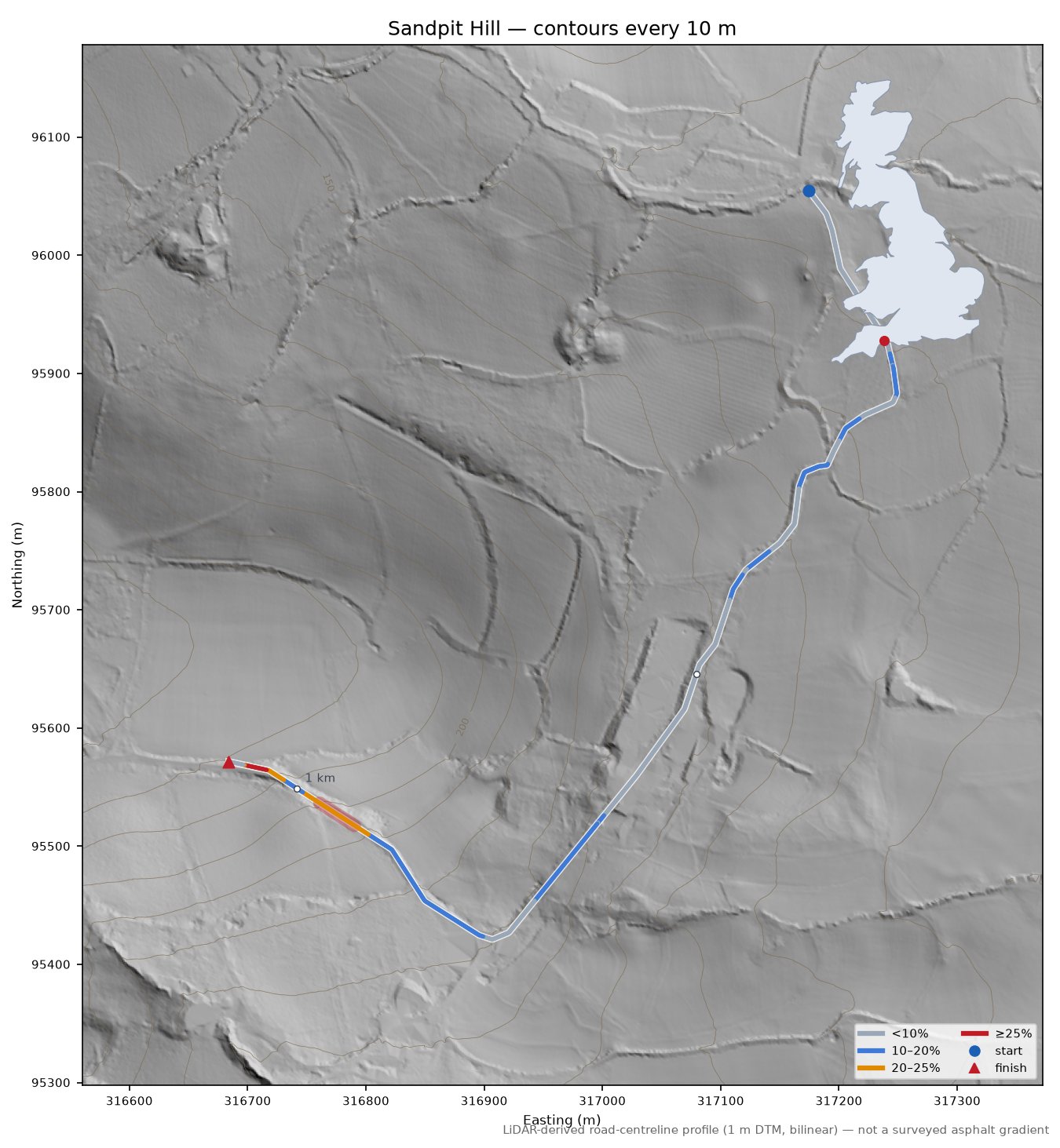 Sandpit Hill LiDAR hillshade map with contours