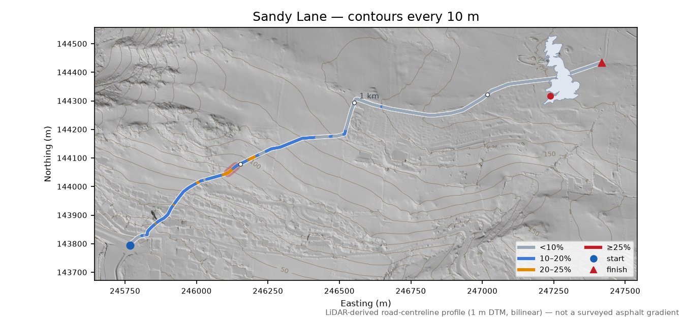 Sandy Lane LiDAR hillshade map with contours