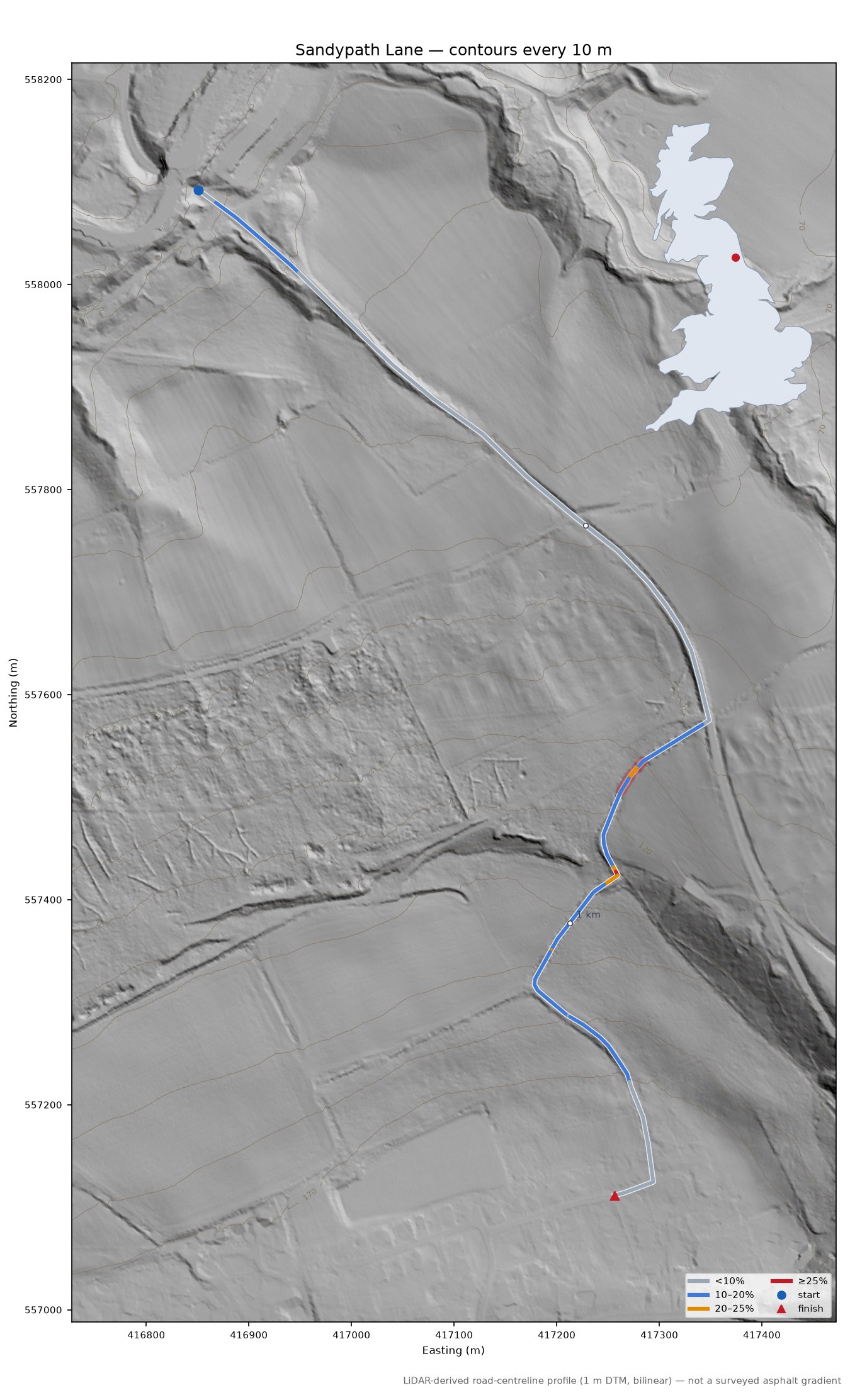 Sandypath Lane LiDAR hillshade map with contours