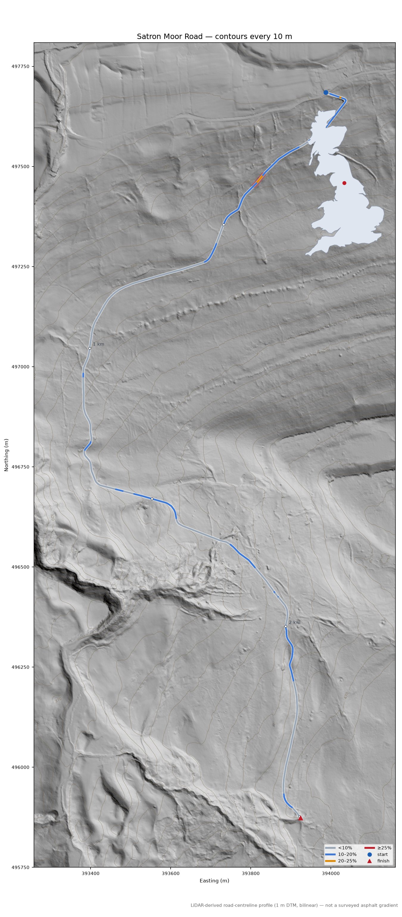 Satron Moor Road LiDAR hillshade map with contours