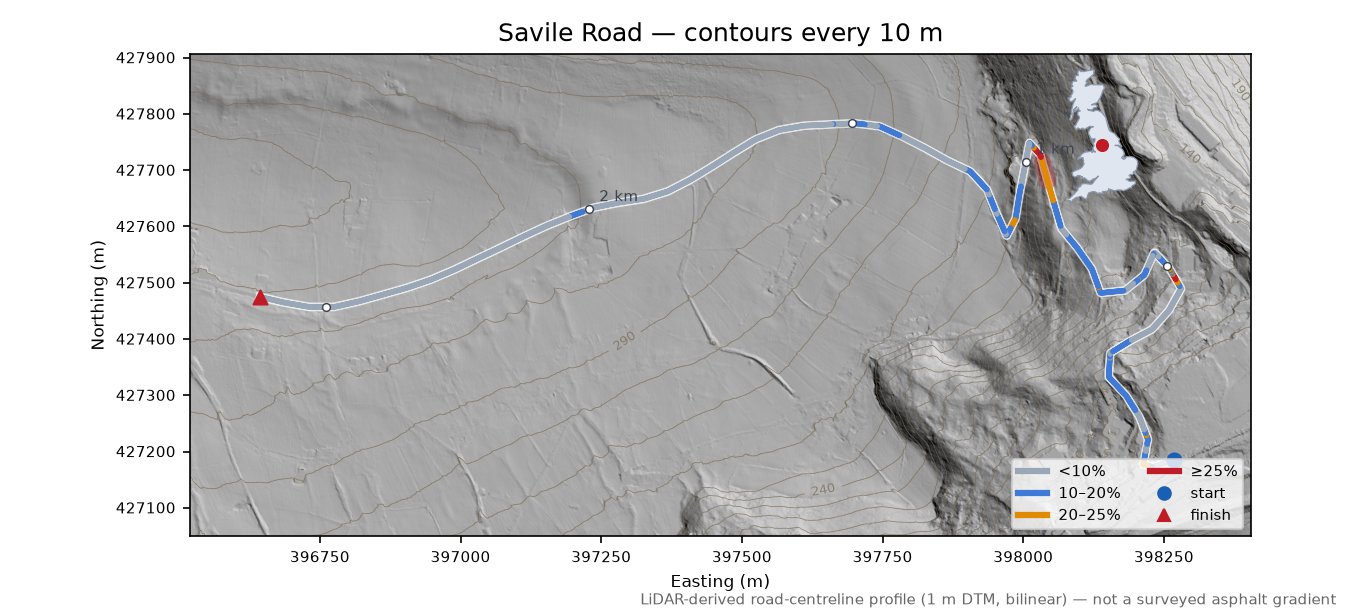 Savile Road LiDAR hillshade map with contours