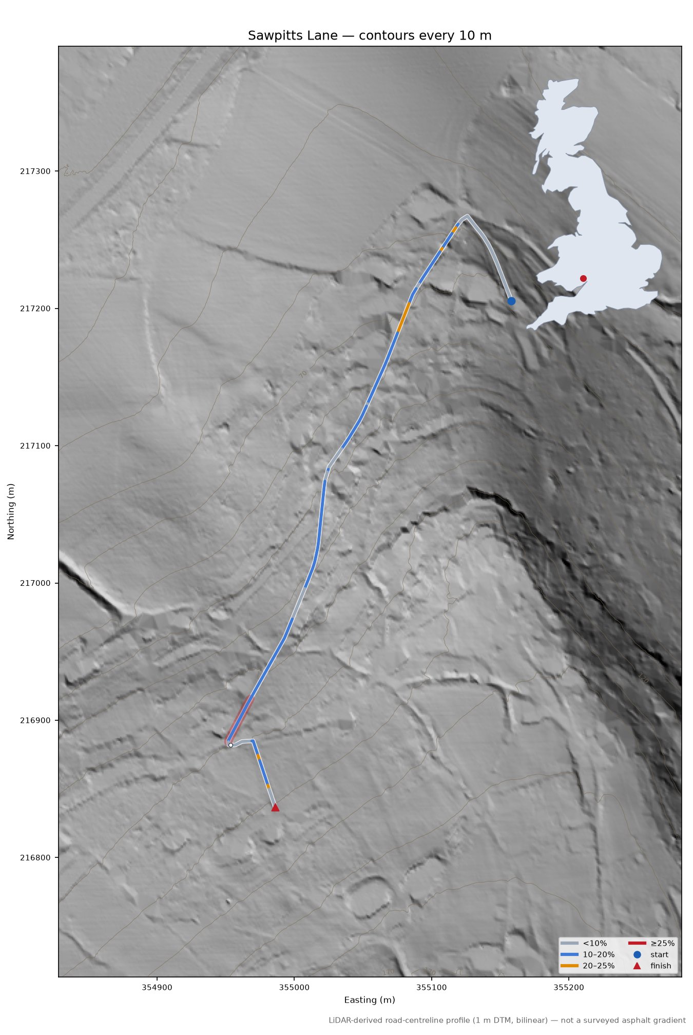 Sawpitts Lane LiDAR hillshade map with contours