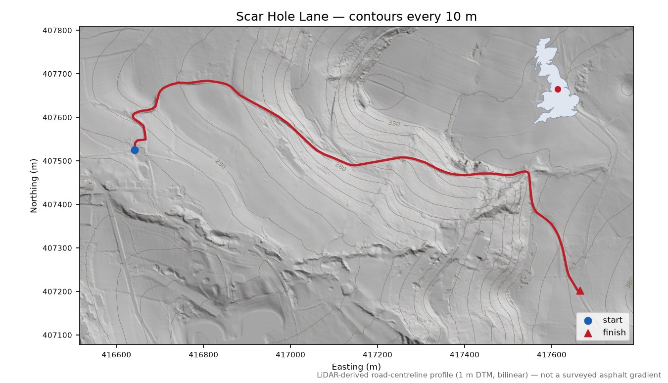 Scar Hole Lane LiDAR hillshade map with contours