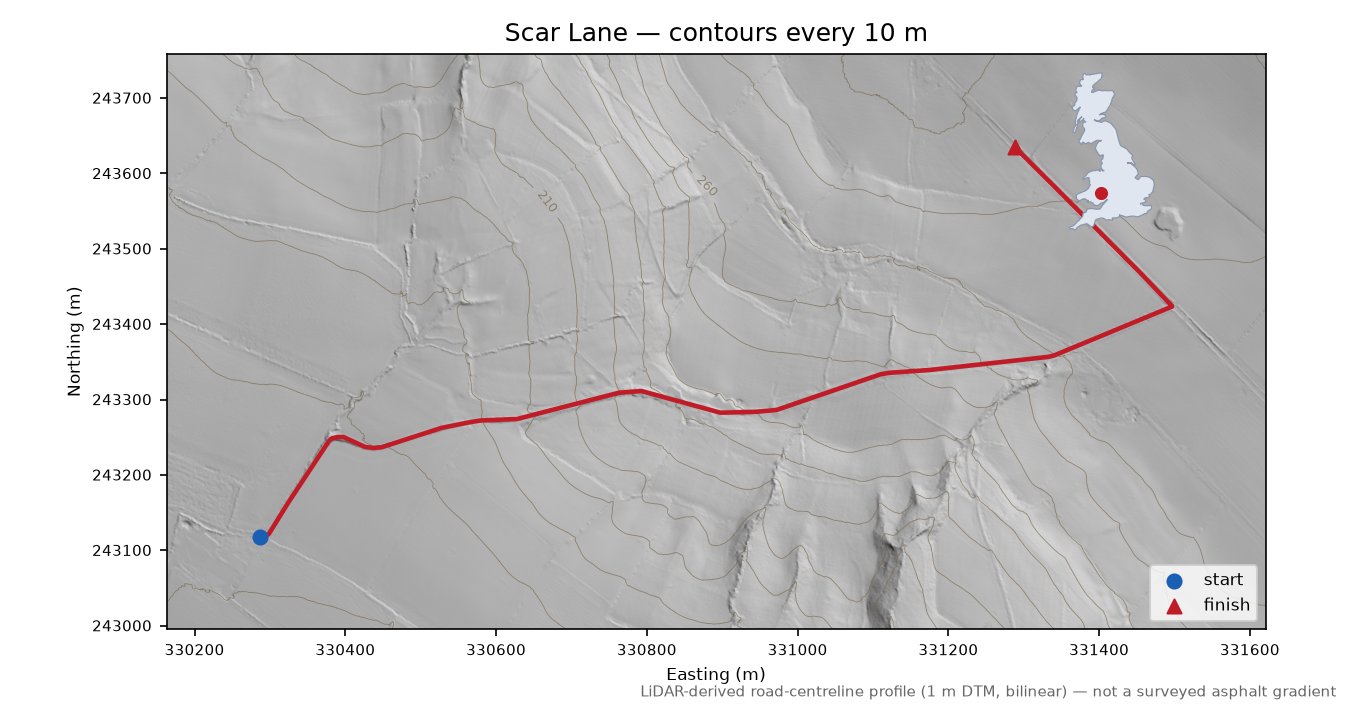 Scar Lane LiDAR hillshade map with contours