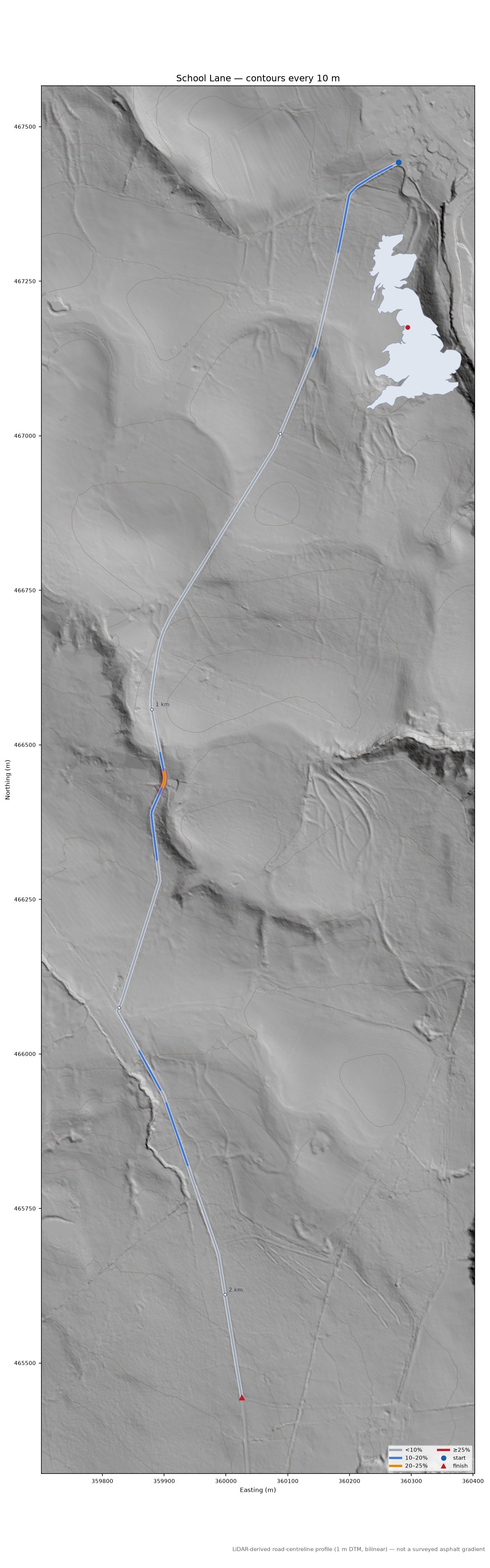 School Lane LiDAR hillshade map with contours