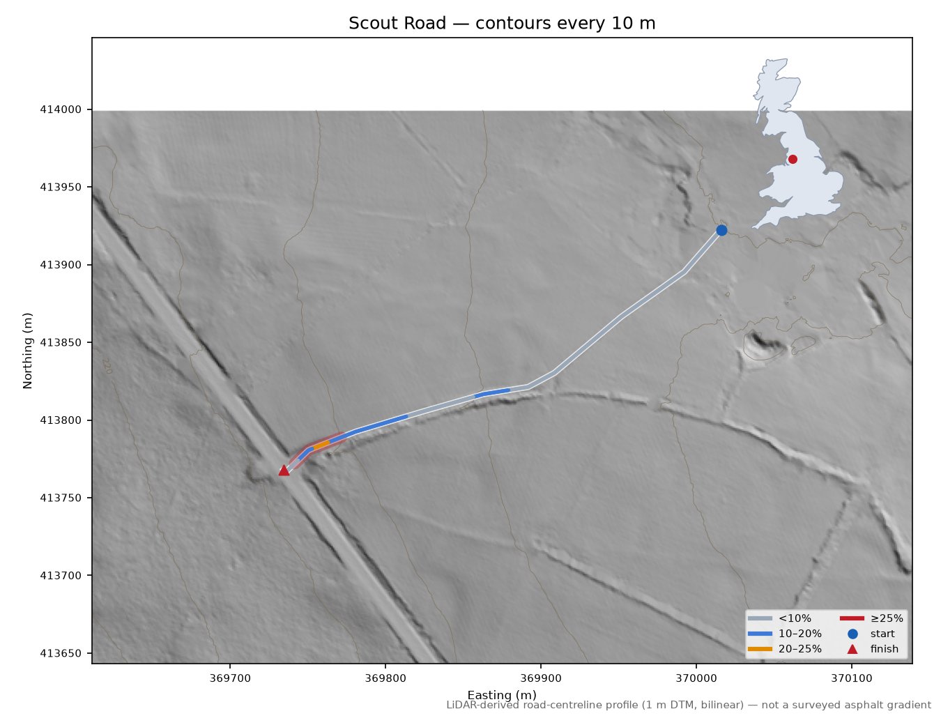 Scout Road LiDAR hillshade map with contours