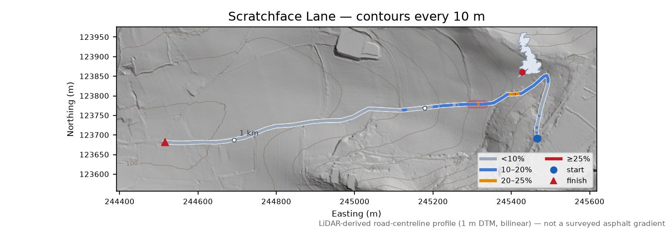 Scratchface Lane LiDAR hillshade map with contours