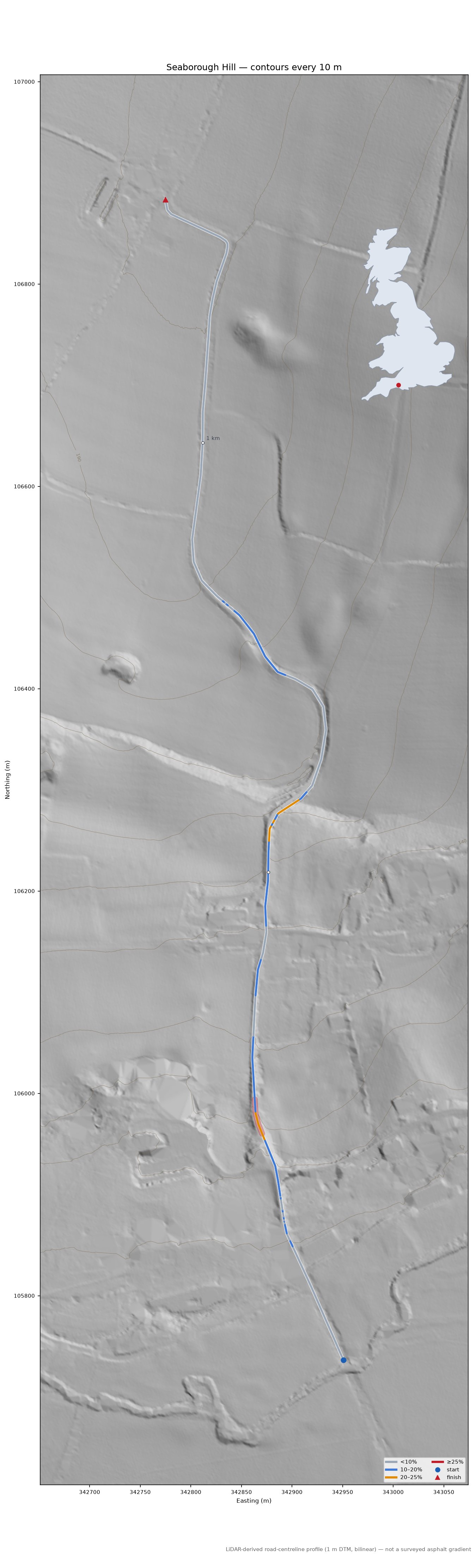 Seaborough Hill LiDAR hillshade map with contours