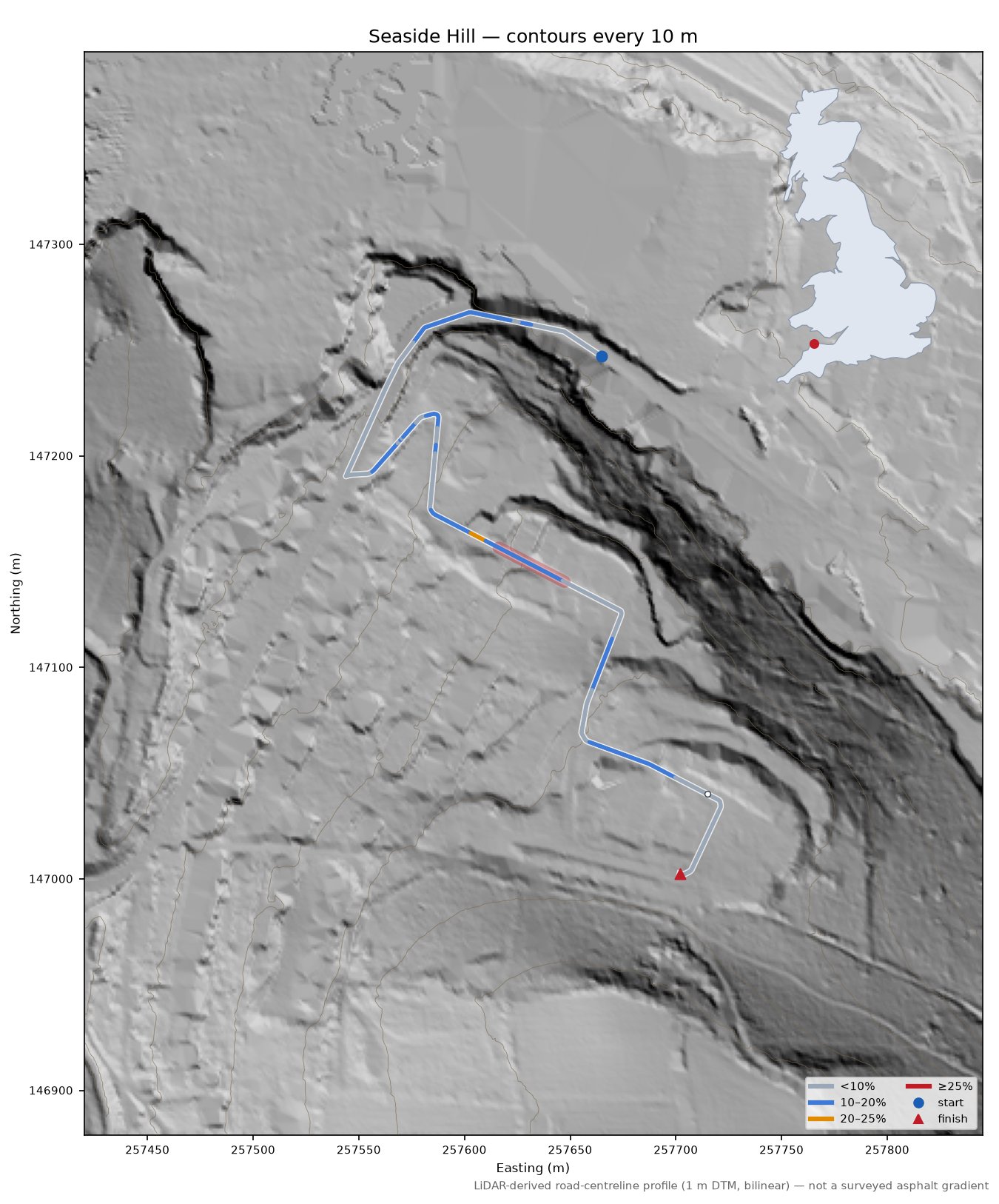 Seaside Hill LiDAR hillshade map with contours