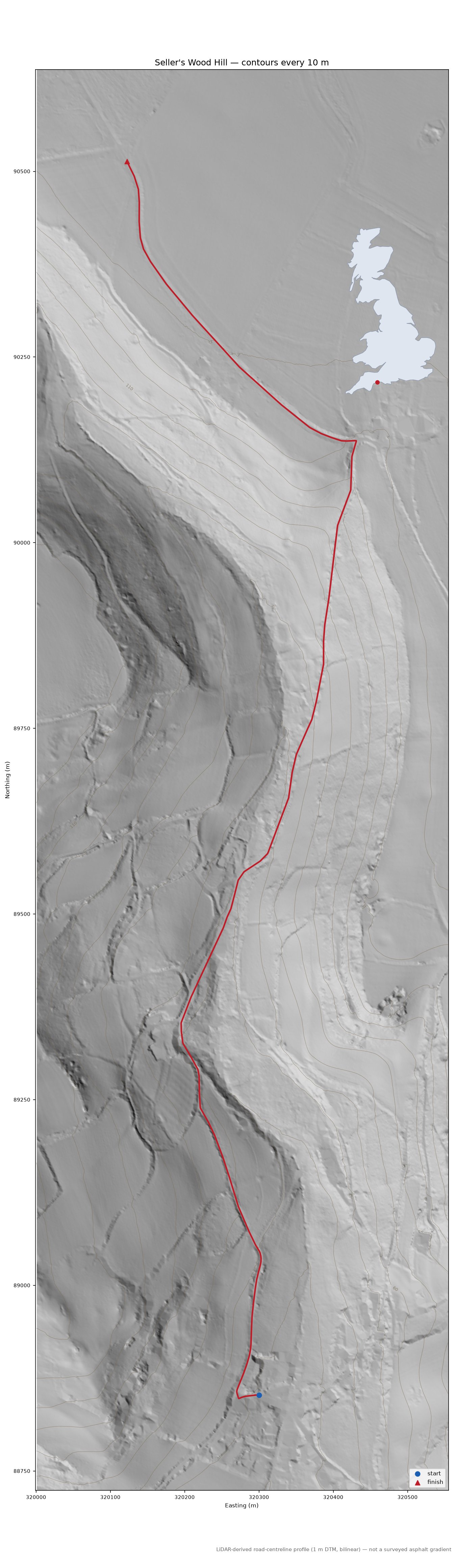 Seller's Wood Hill LiDAR hillshade map with contours