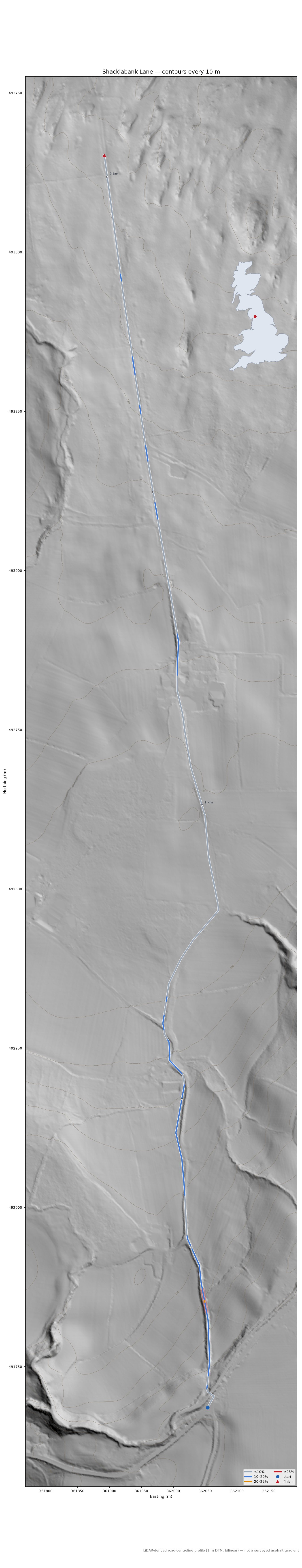 Shacklabank Lane LiDAR hillshade map with contours