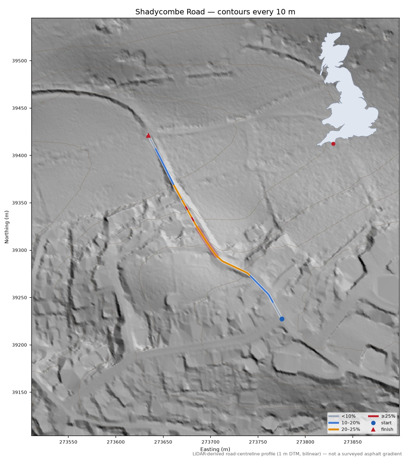 Shadycombe Road LiDAR hillshade map with contours