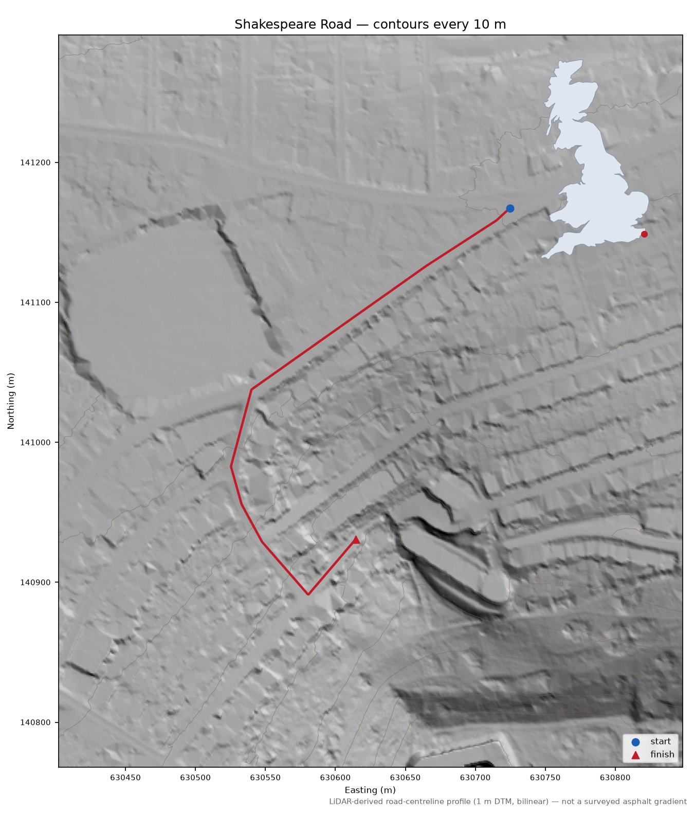 Shakespeare Road LiDAR hillshade map with contours