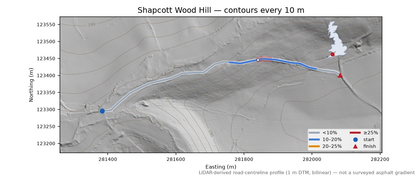 Shapcott Wood Hill LiDAR hillshade map with contours