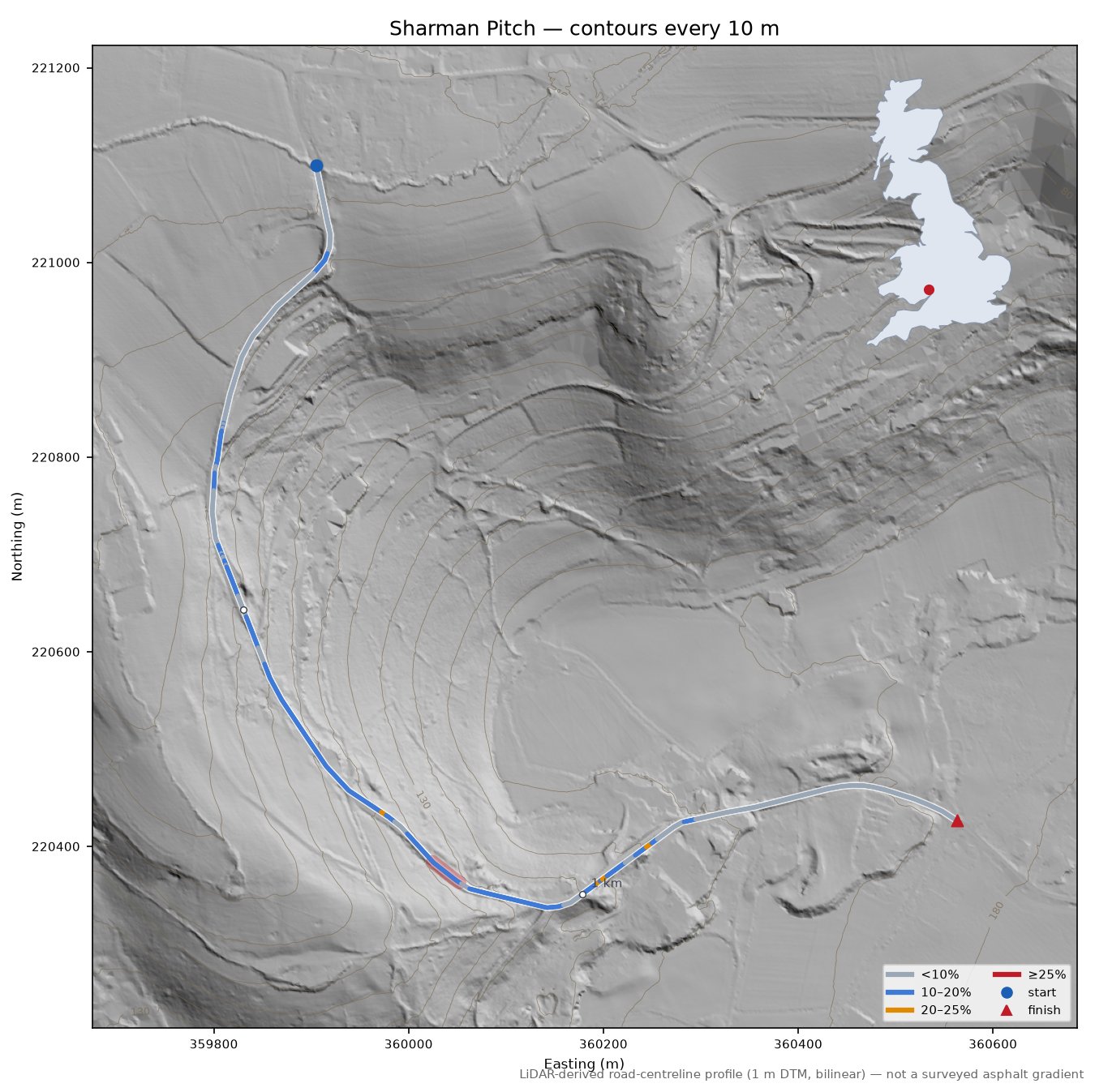 Sharman Pitch LiDAR hillshade map with contours
