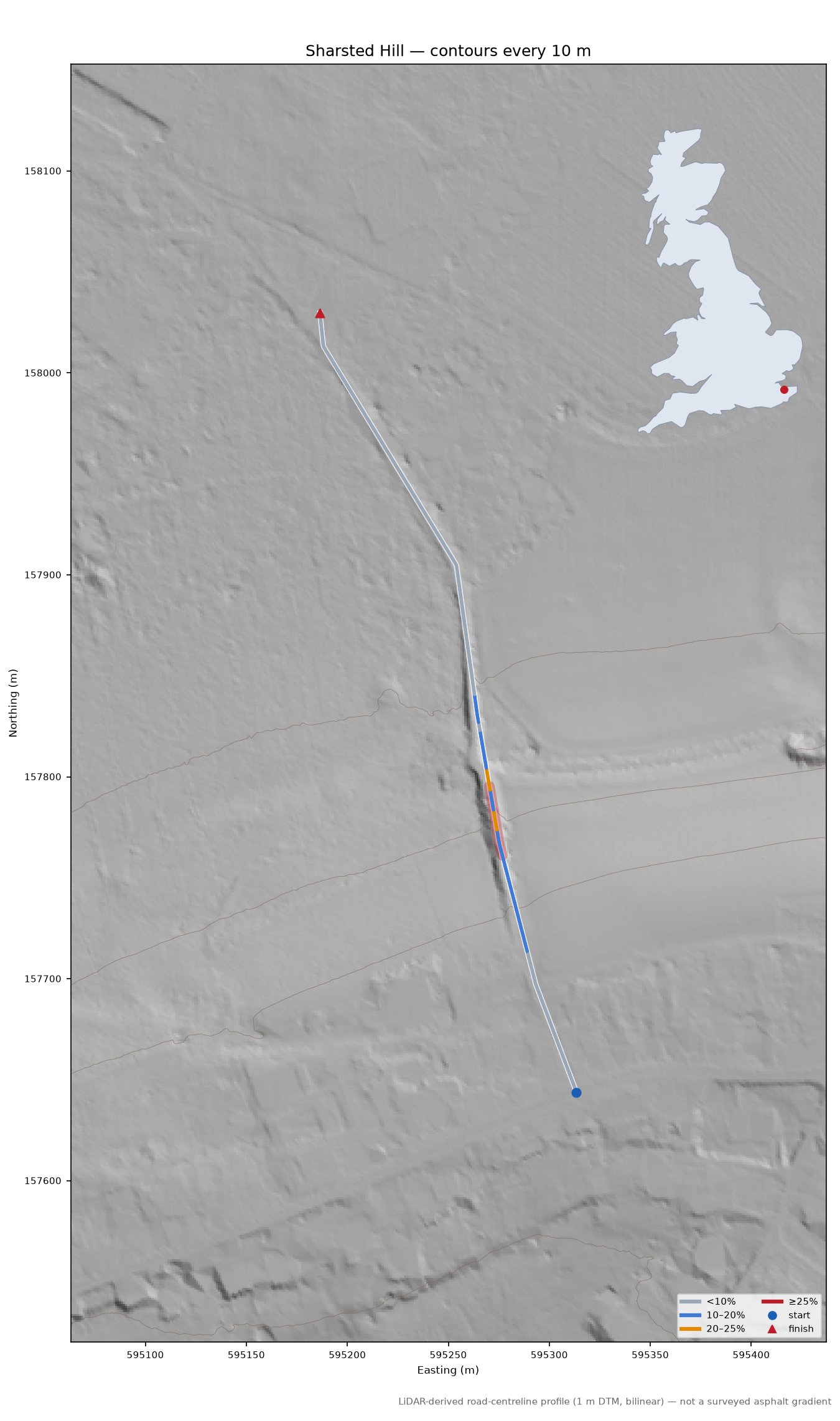 Sharsted Hill LiDAR hillshade map with contours