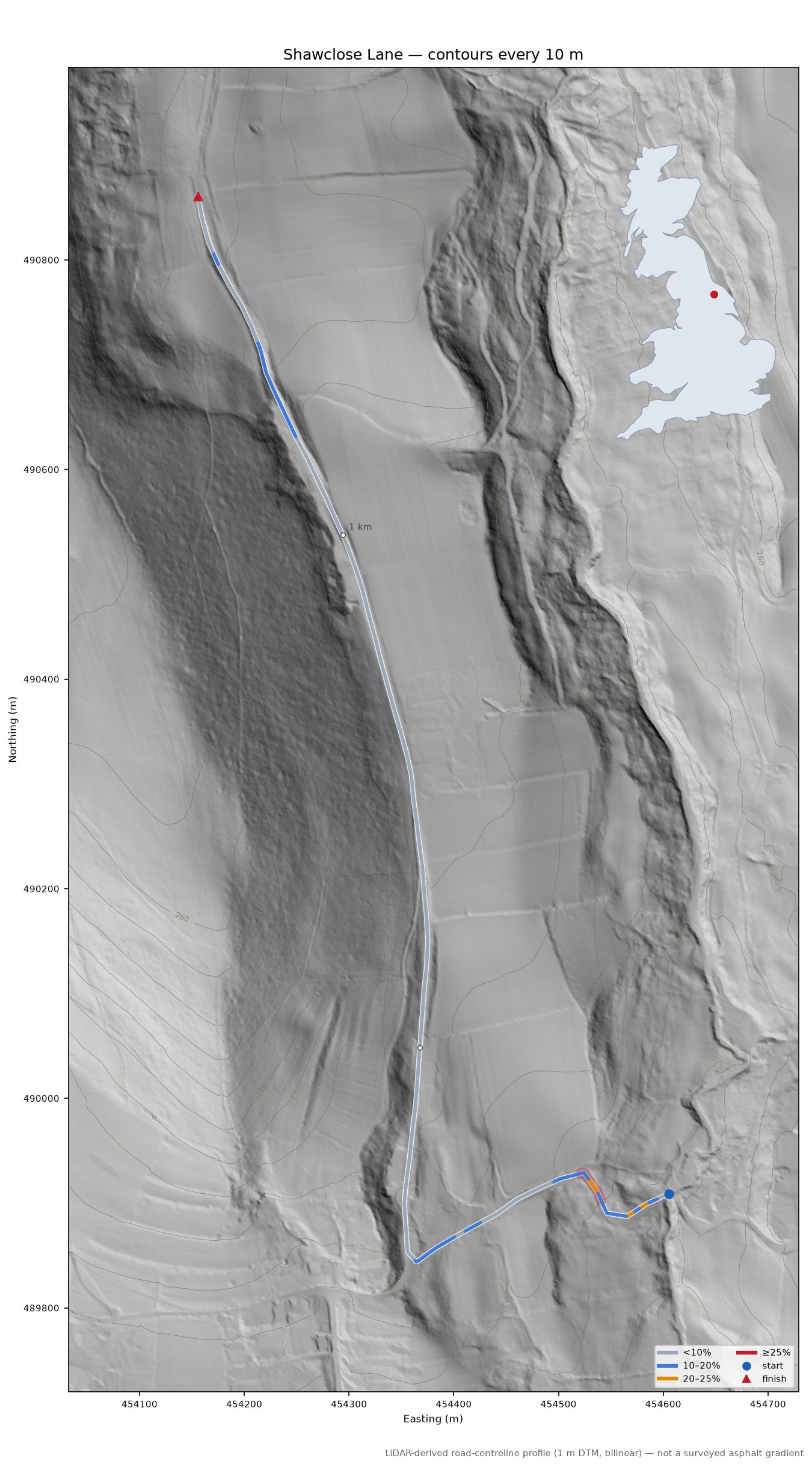 Shawclose Lane LiDAR hillshade map with contours