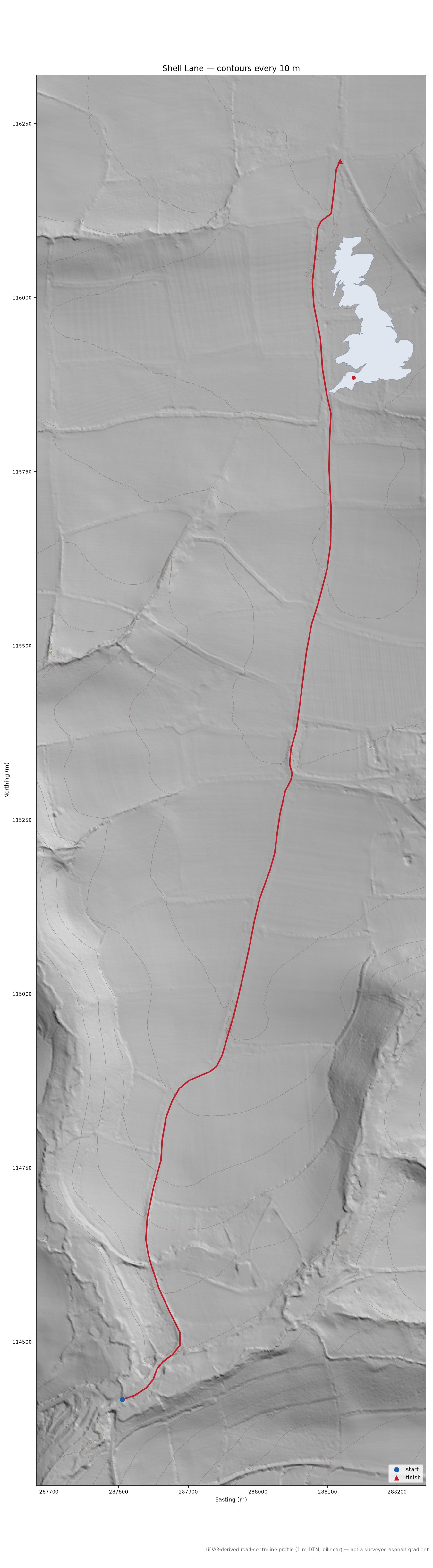 Shell Lane LiDAR hillshade map with contours