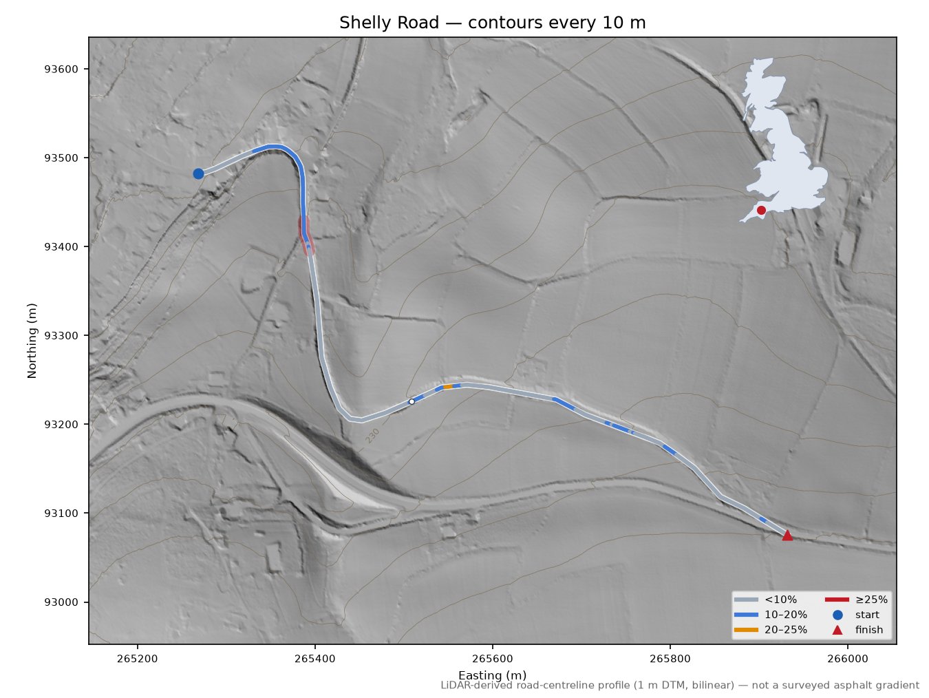 Shelly Road LiDAR hillshade map with contours